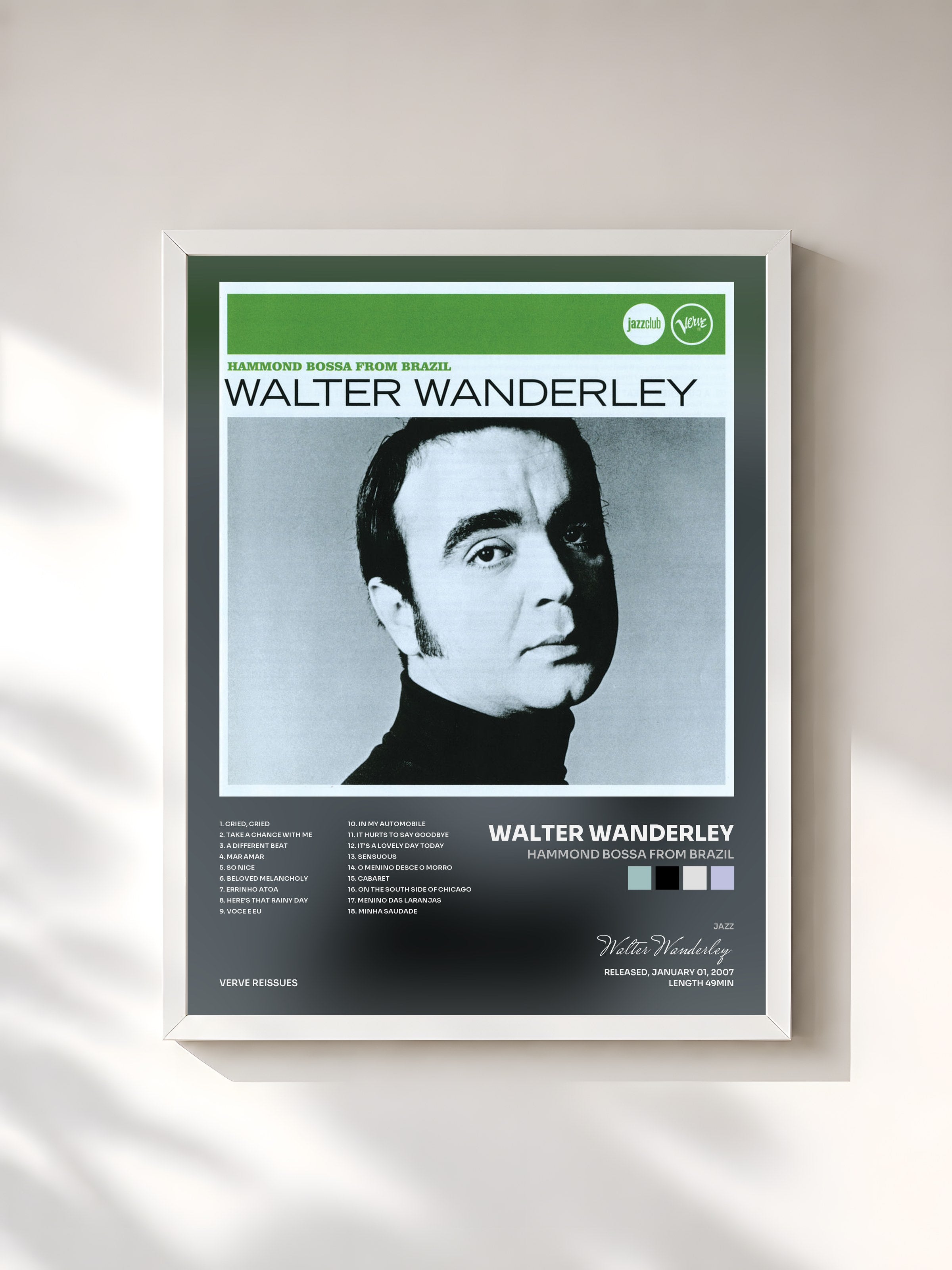 #blanc Tableau de l'album Hammond Bossa From Brazil de Walter Wanderley, cadre blanc, imprimé et encadré en France