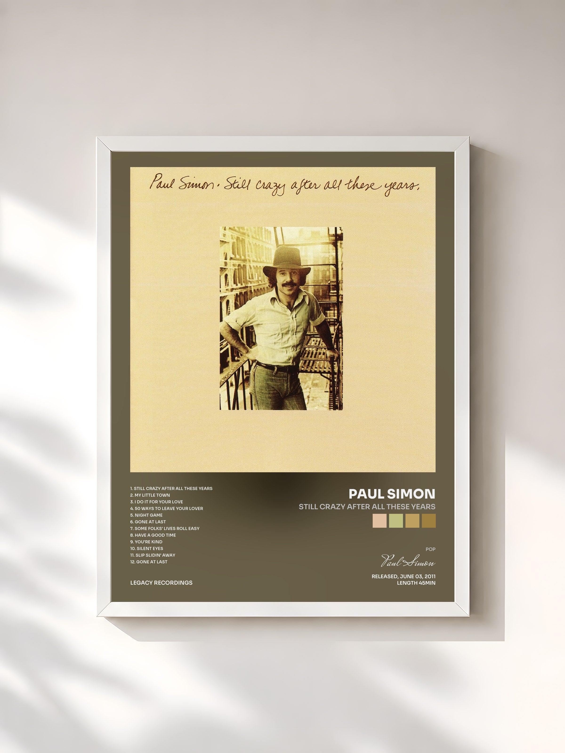 #blanc Tableau de l'album Still Crazy After All These Years de Paul Simon, cadre blanc, imprimé et encadré en France
