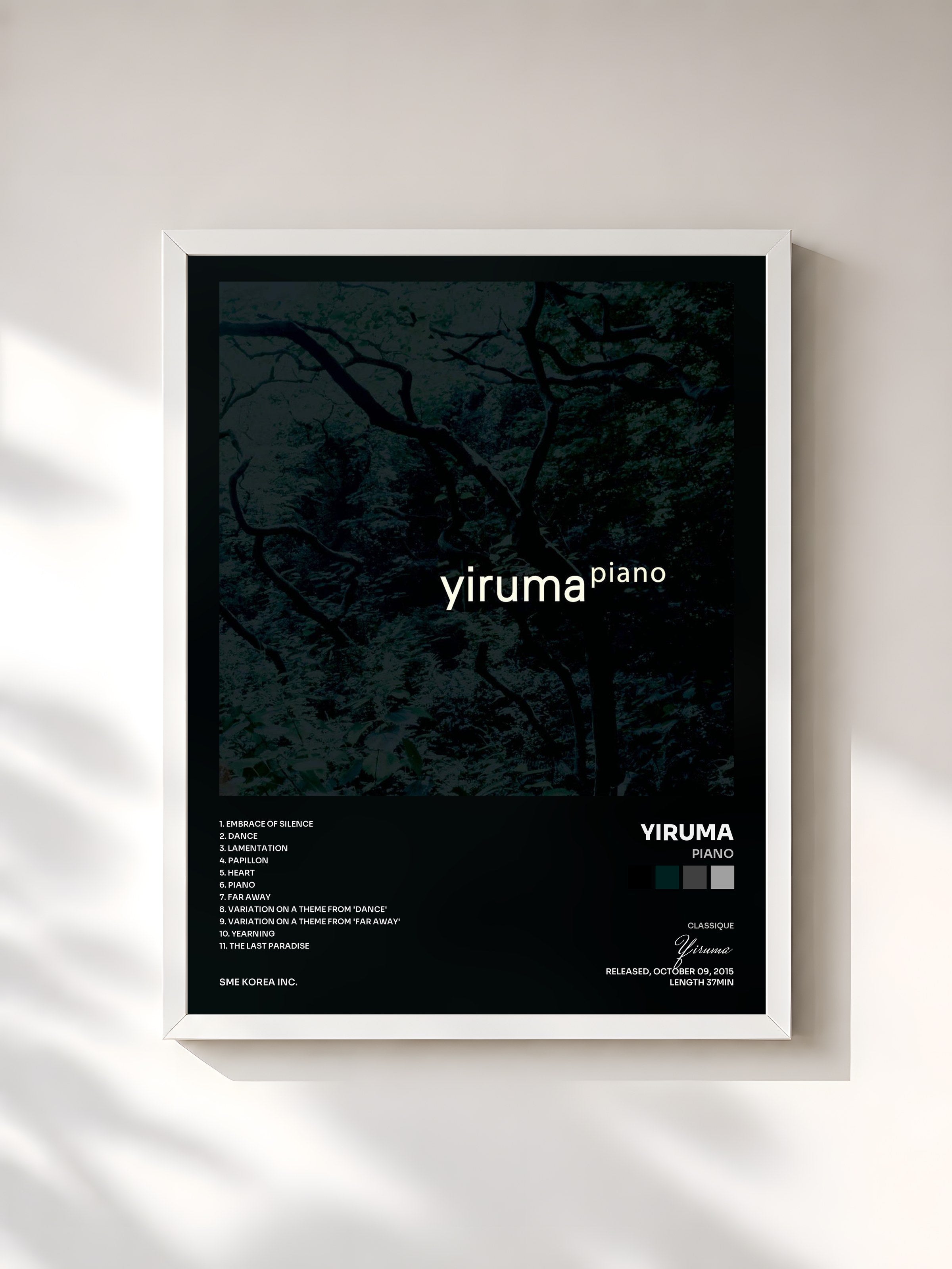#blanc Tableau de l'album Piano de Yiruma, cadre blanc, imprimé et encadré en France