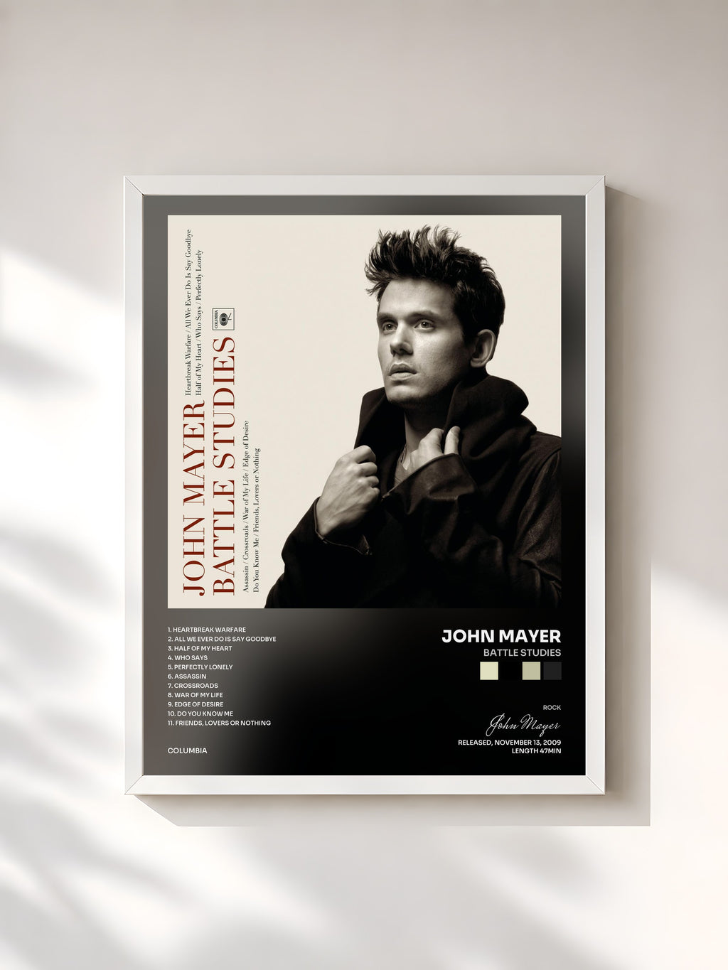 #blanc Tableau de l'album Battle Studies de John Mayer, cadre blanc, imprimé et encadré en France
