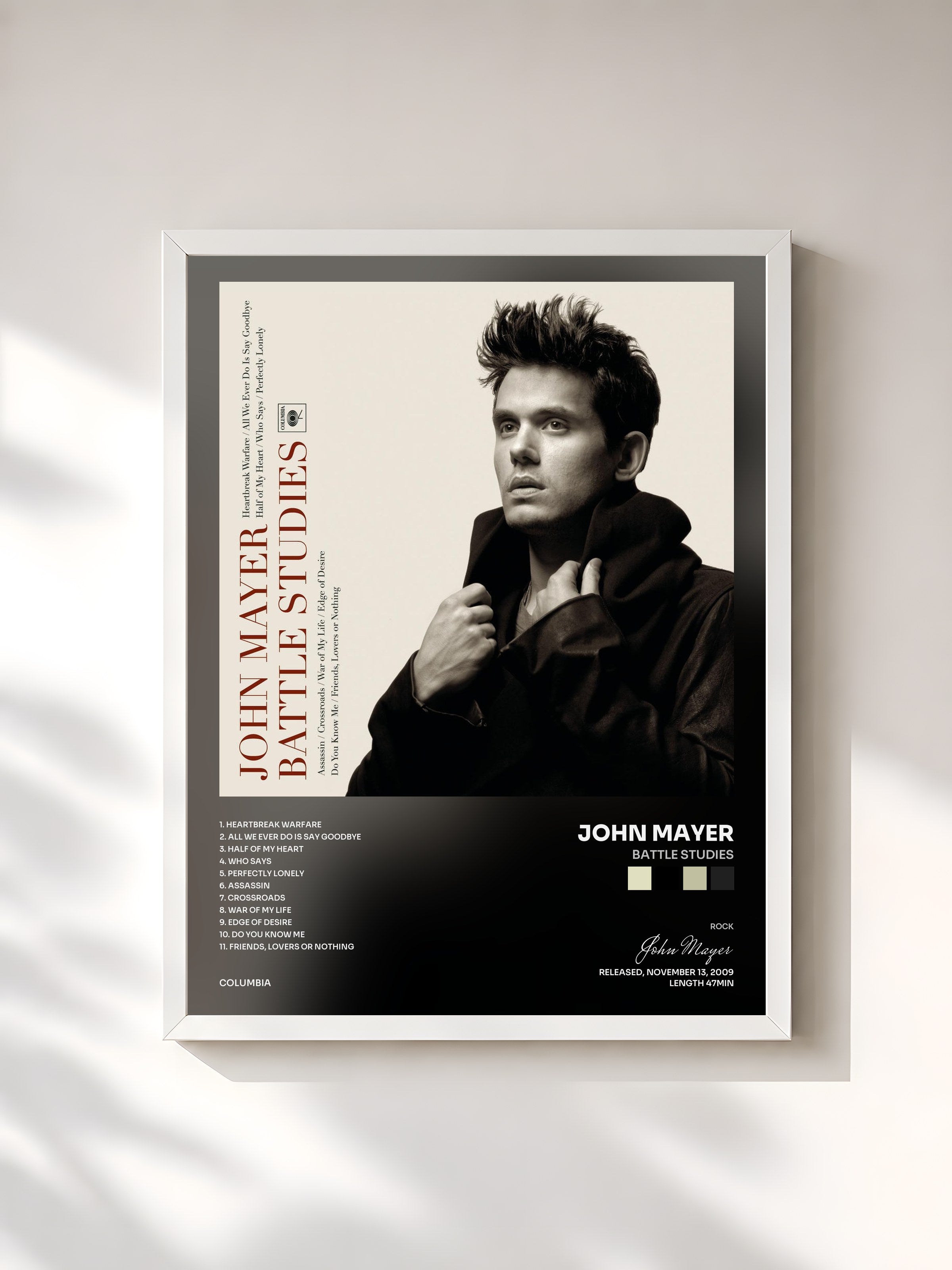 #blanc Tableau de l'album Battle Studies de John Mayer, cadre blanc, imprimé et encadré en France