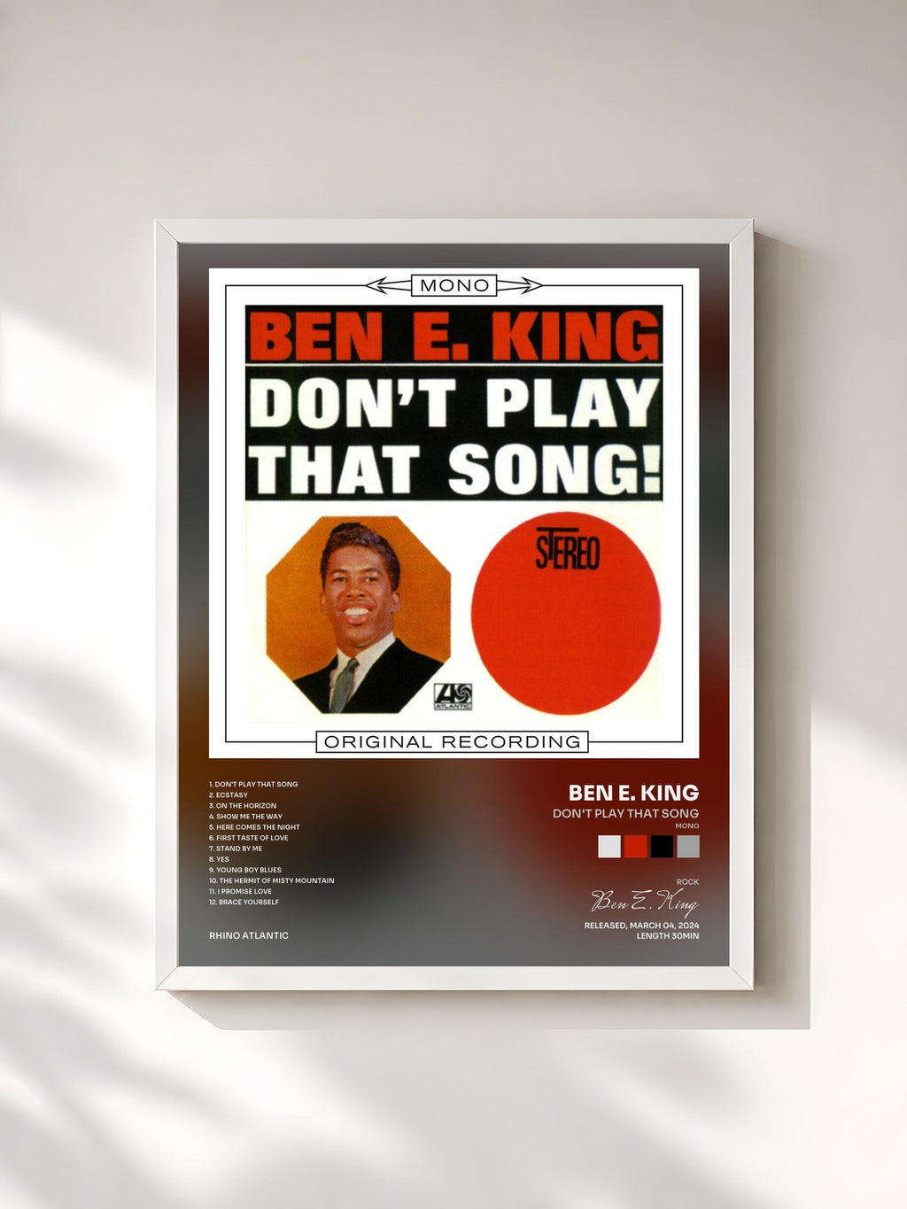 #blanc Tableau de l'album Don't Play That Song (Mono) de Ben E. King, cadre blanc, imprimé et encadré en France