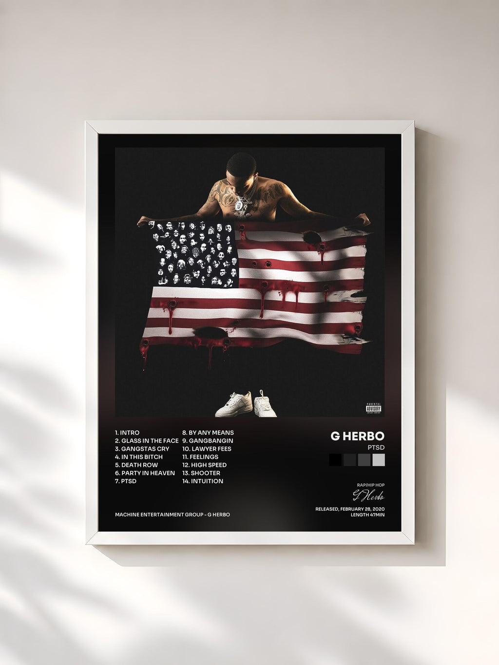#blanc Tableau de l'album PTSD de G Herbo, cadre blanc, imprimé et encadré en France