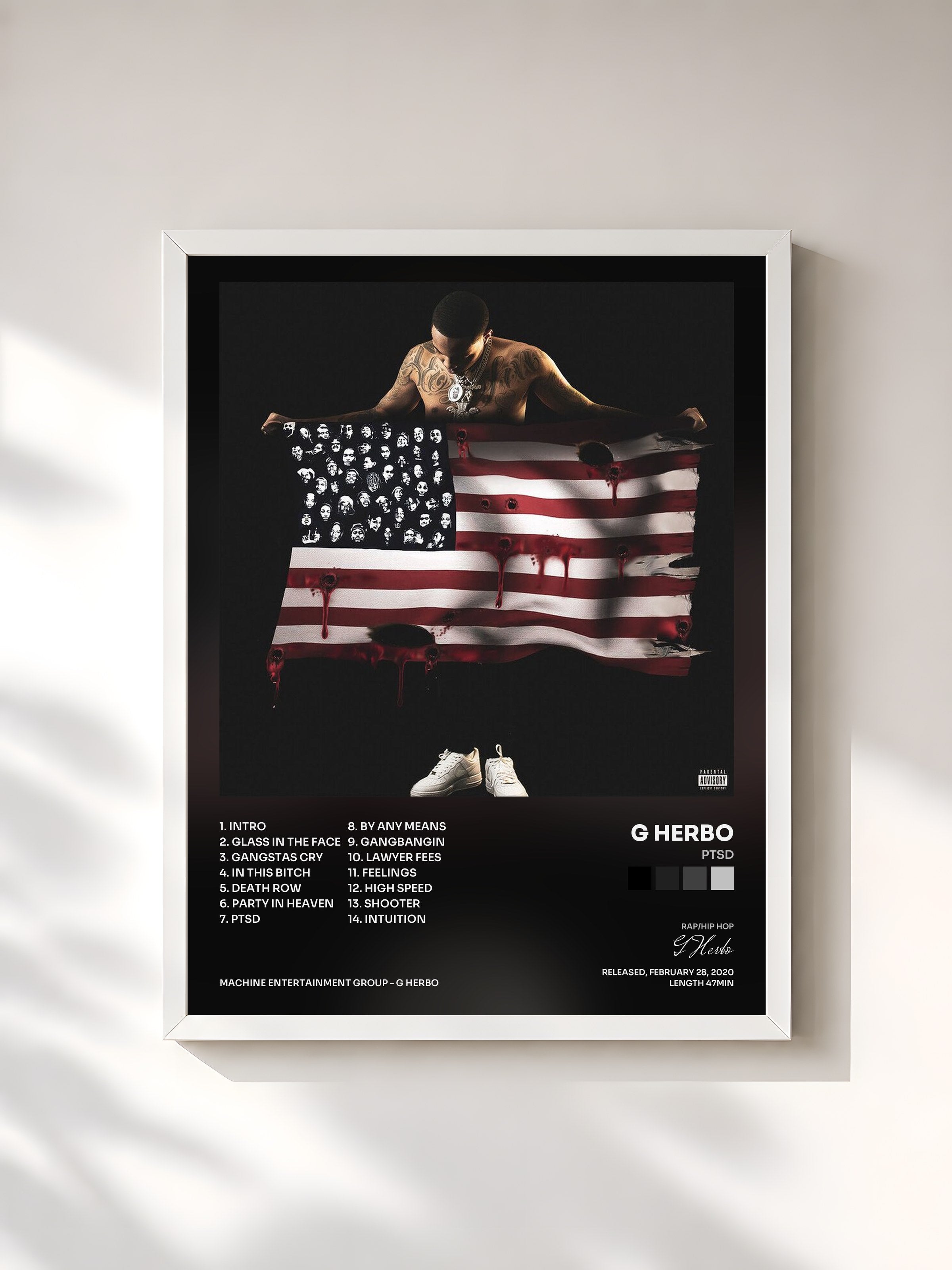 #blanc Tableau de l'album PTSD de G Herbo, cadre blanc, imprimé et encadré en France