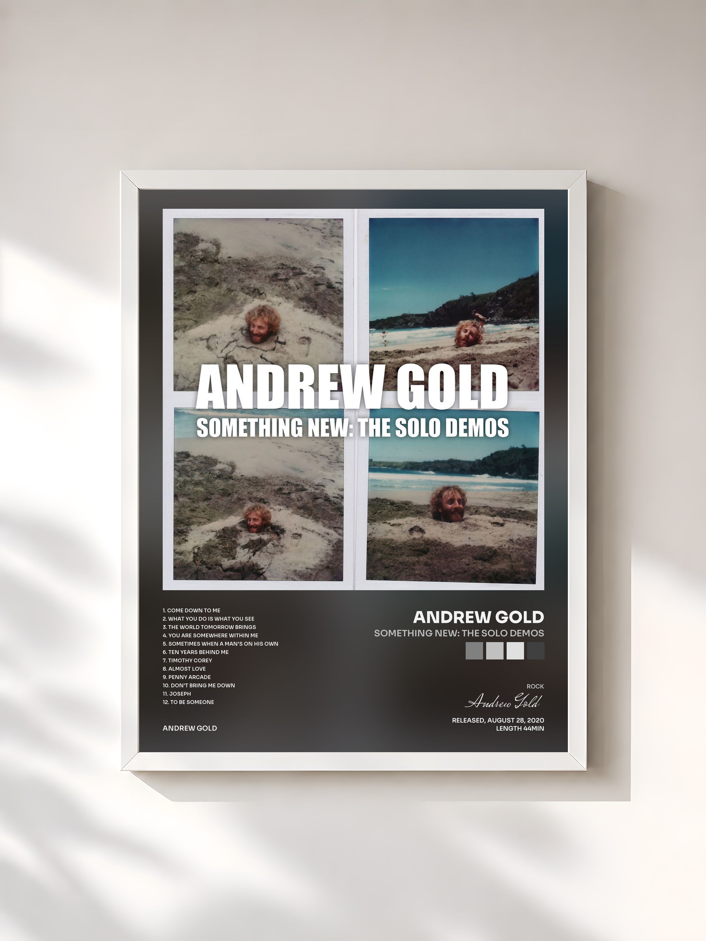 #blanc Tableau de l'album Something New: The Solo Demos de Andrew Gold, cadre blanc, imprimé et encadré en France