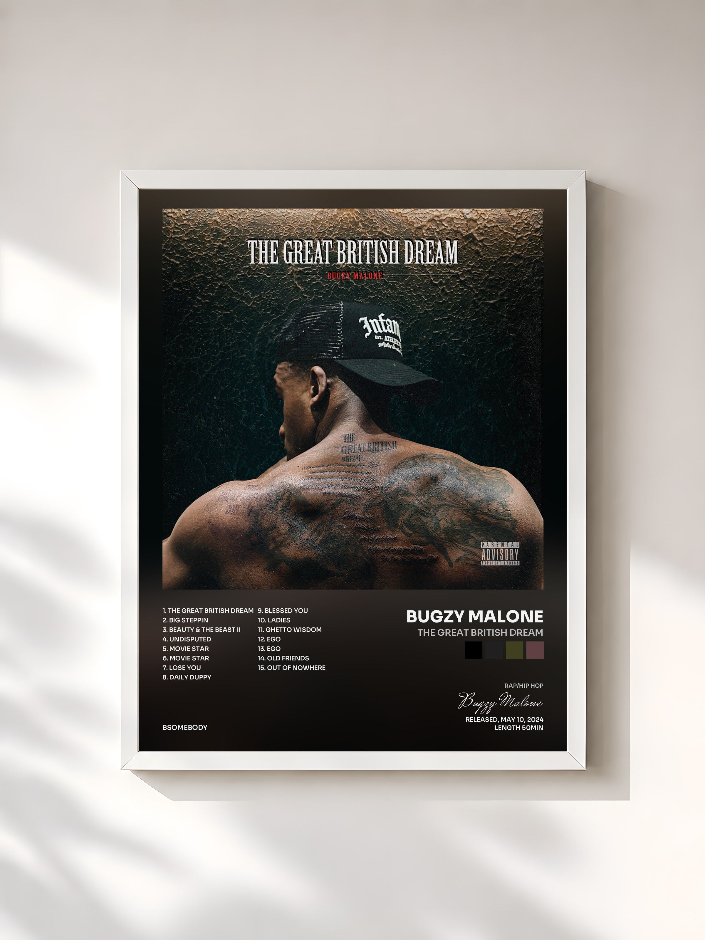 #blanc Tableau de l'album The Great British Dream de Bugzy Malone, cadre blanc, imprimé et encadré en France