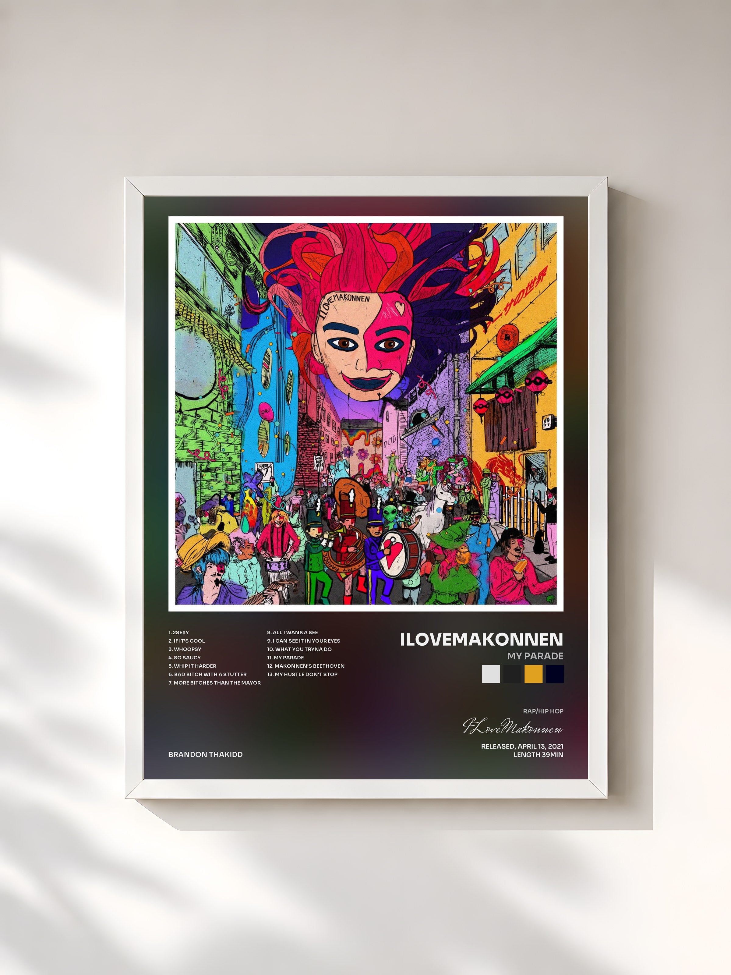 #blanc Tableau de l'album My Parade de ILoveMakonnen, cadre blanc, imprimé et encadré en France