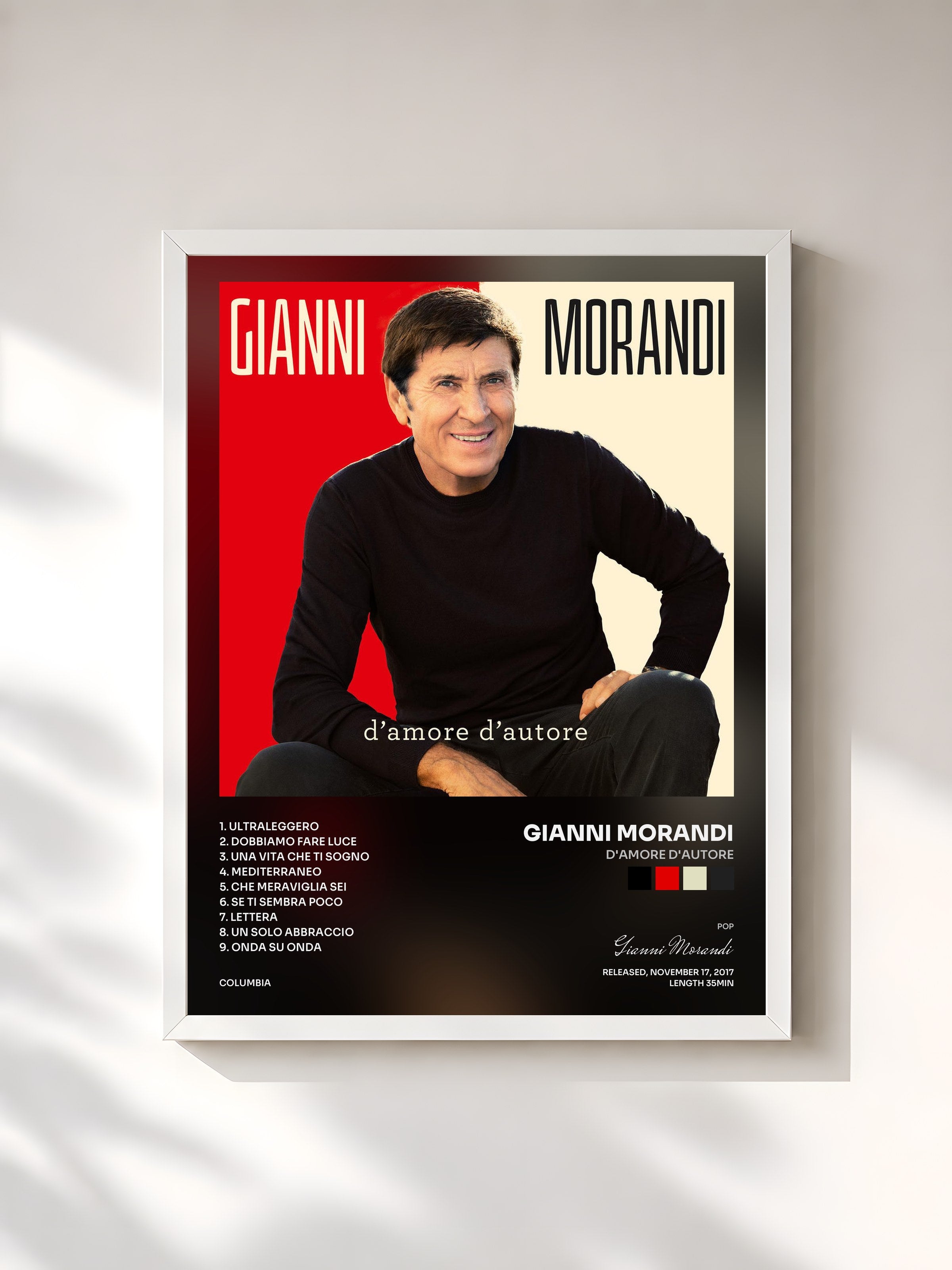 #blanc Tableau de l'album d'amore d'autore de Gianni Morandi, cadre blanc, imprimé et encadré en France
