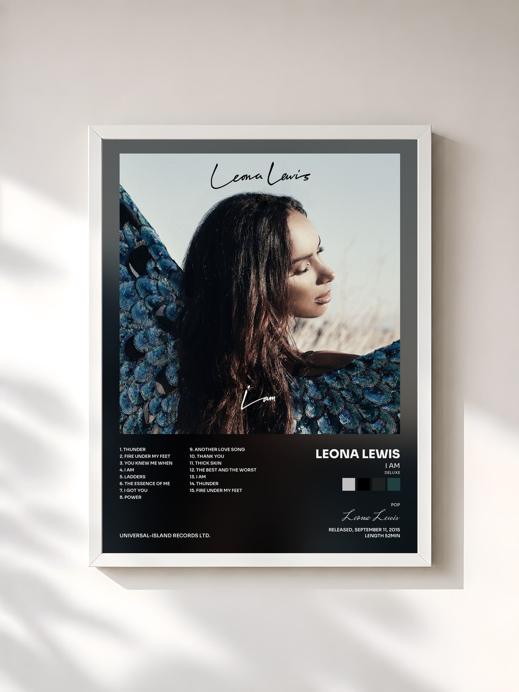 #blanc Tableau de l'album I Am (Deluxe) de Leona Lewis, cadre blanc, imprimé et encadré en France