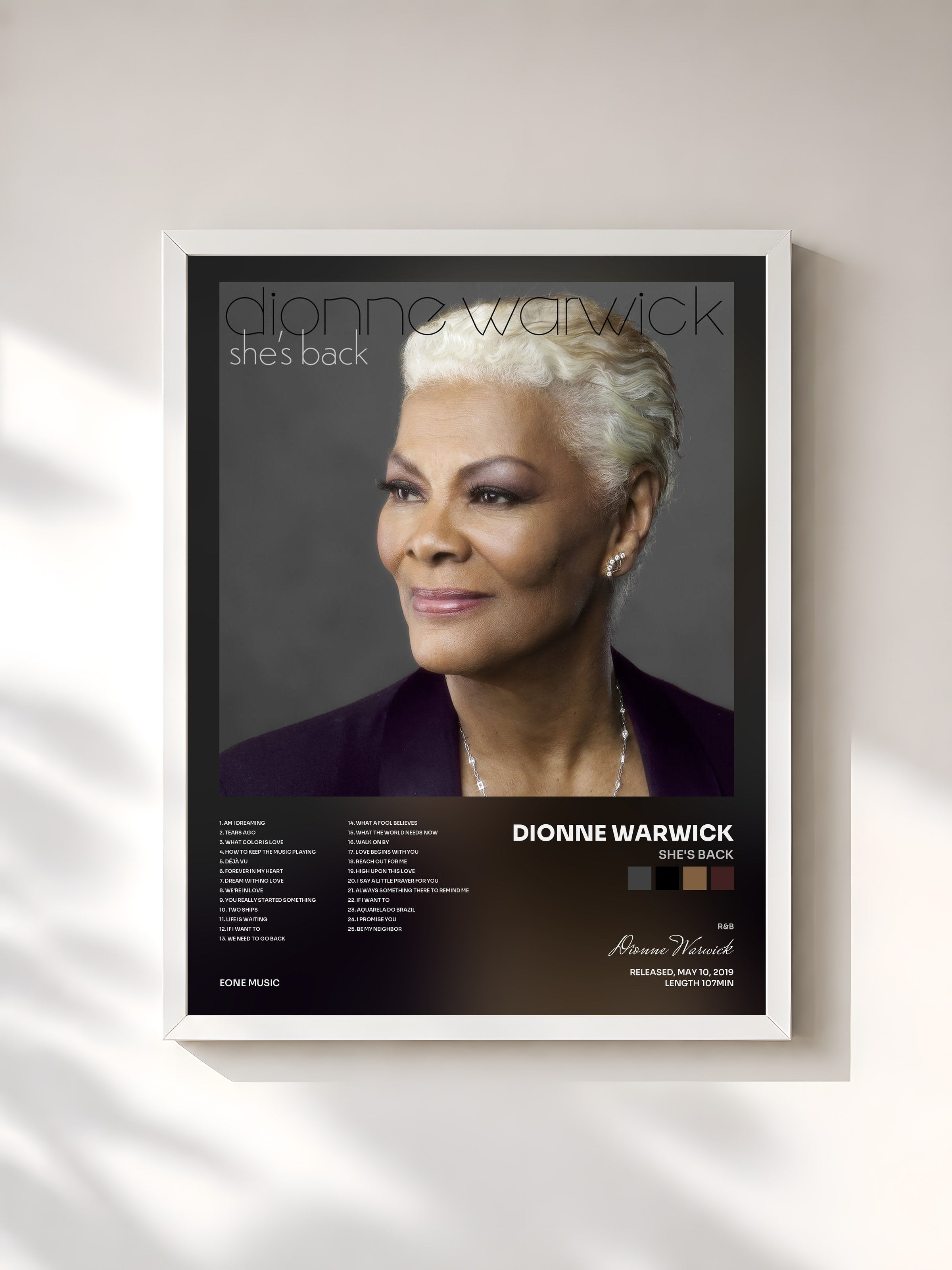 #blanc Tableau de l'album She's Back de Dionne Warwick, cadre blanc, imprimé et encadré en France