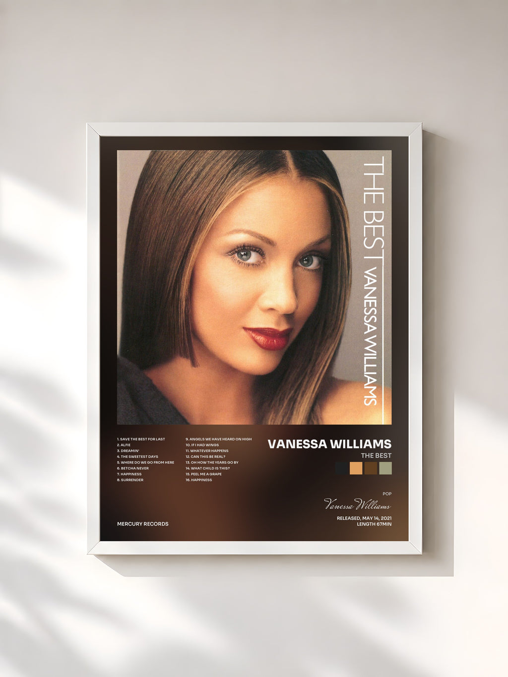 #blanc Tableau de l'album The Best de Vanessa Williams, cadre blanc, imprimé et encadré en France