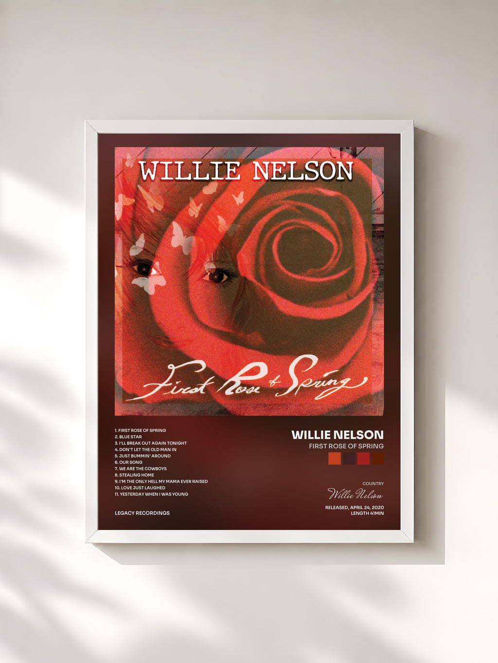 #blanc Tableau de l'album First Rose of Spring de Willie Nelson, cadre blanc, imprimé et encadré en France