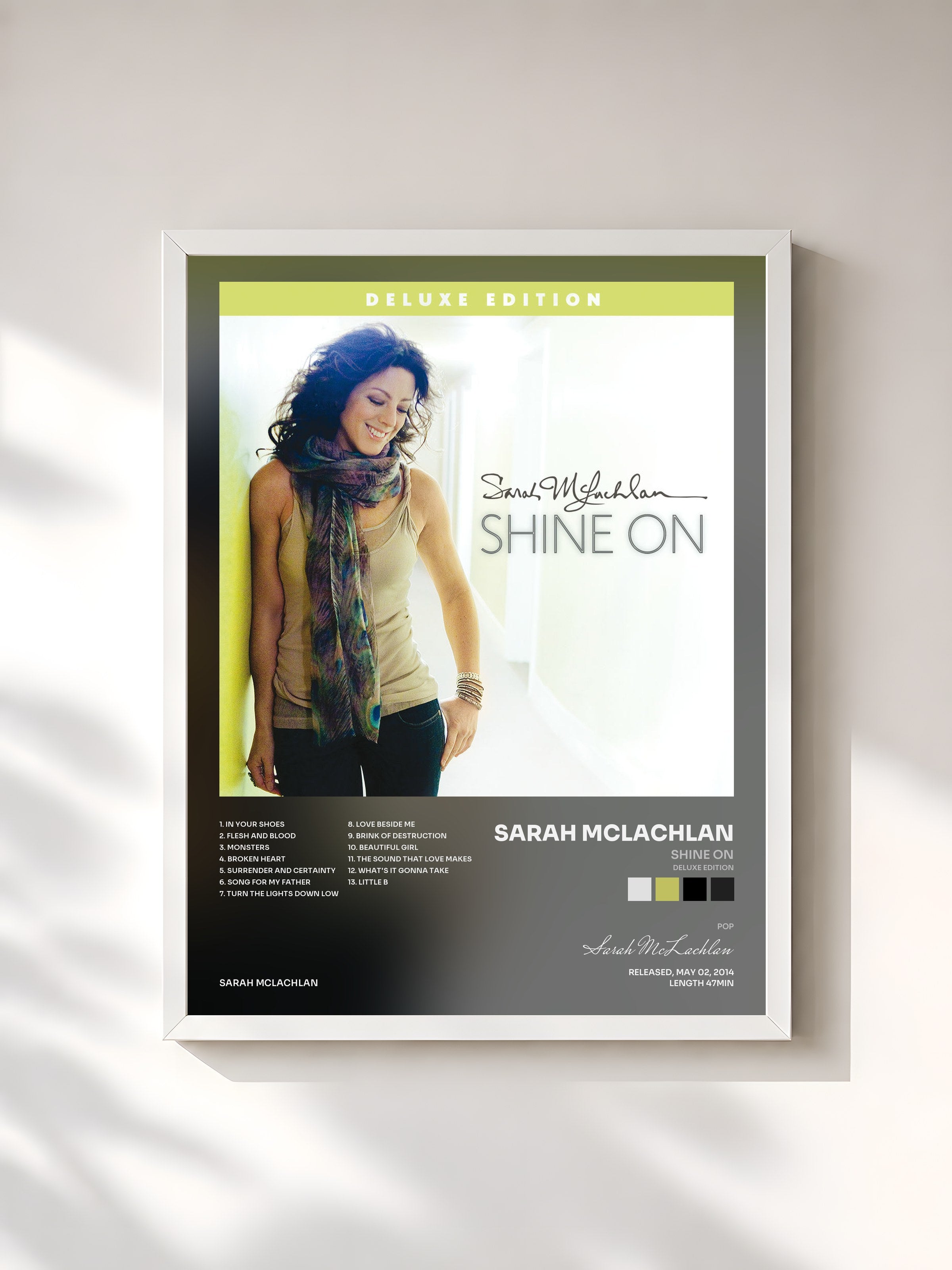 #blanc Tableau de l'album Shine On (Deluxe Edition) de Sarah McLachlan, cadre blanc, imprimé et encadré en France