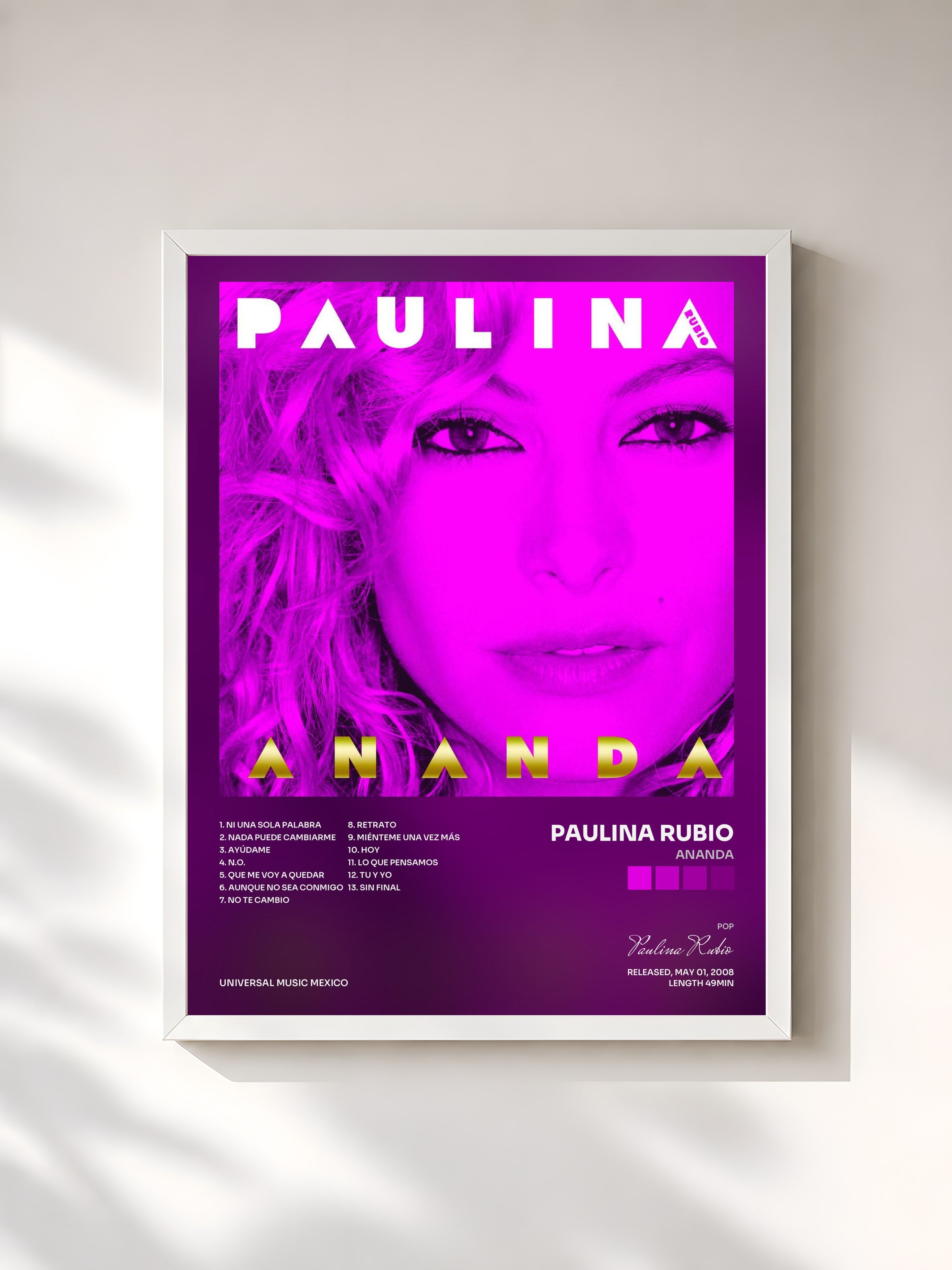#blanc Tableau de l'album Ananda de Paulina Rubio, cadre blanc, imprimé et encadré en France