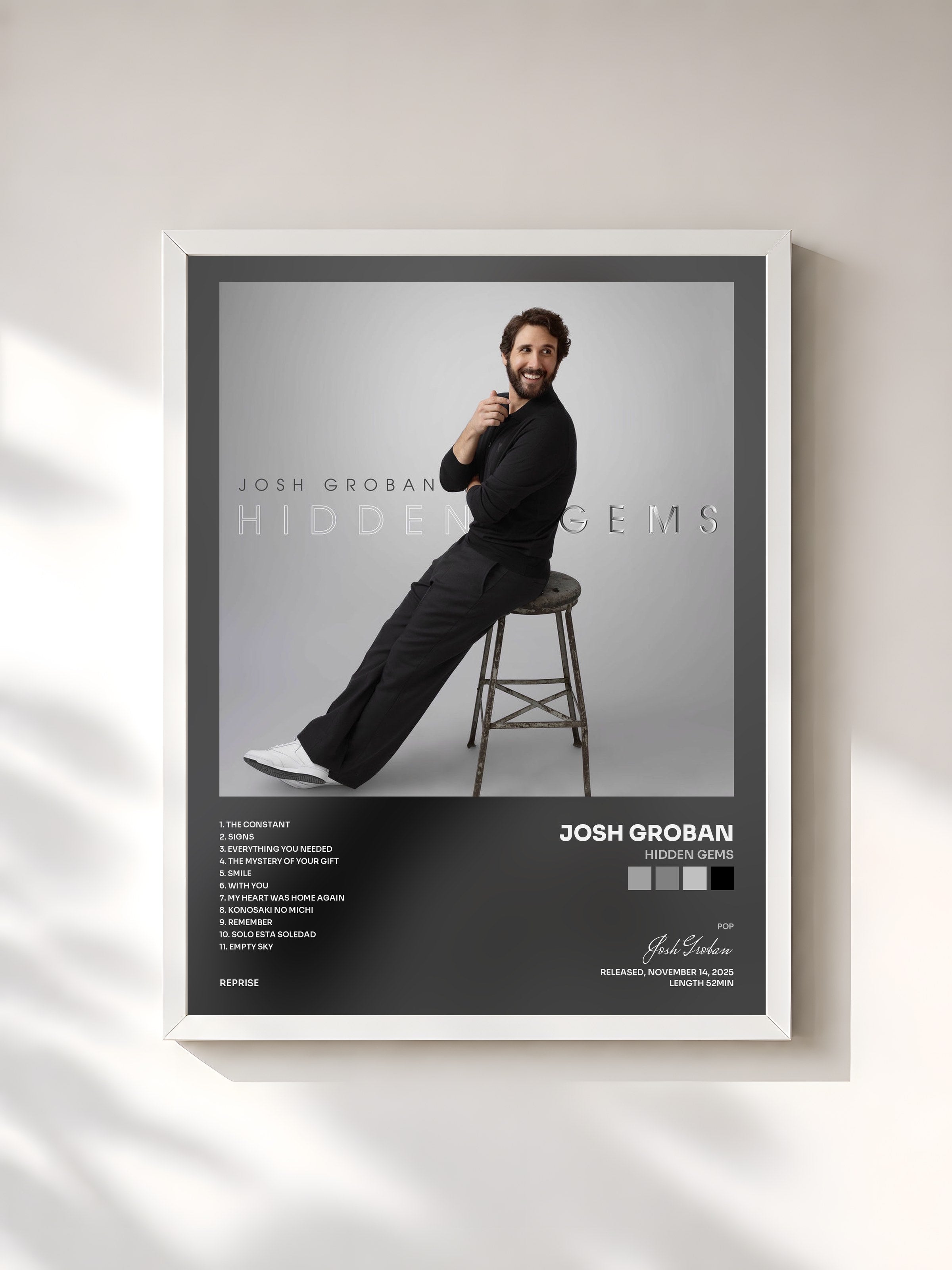 #blanc Tableau de l'album Hidden Gems de Josh Groban, cadre blanc, imprimé et encadré en France