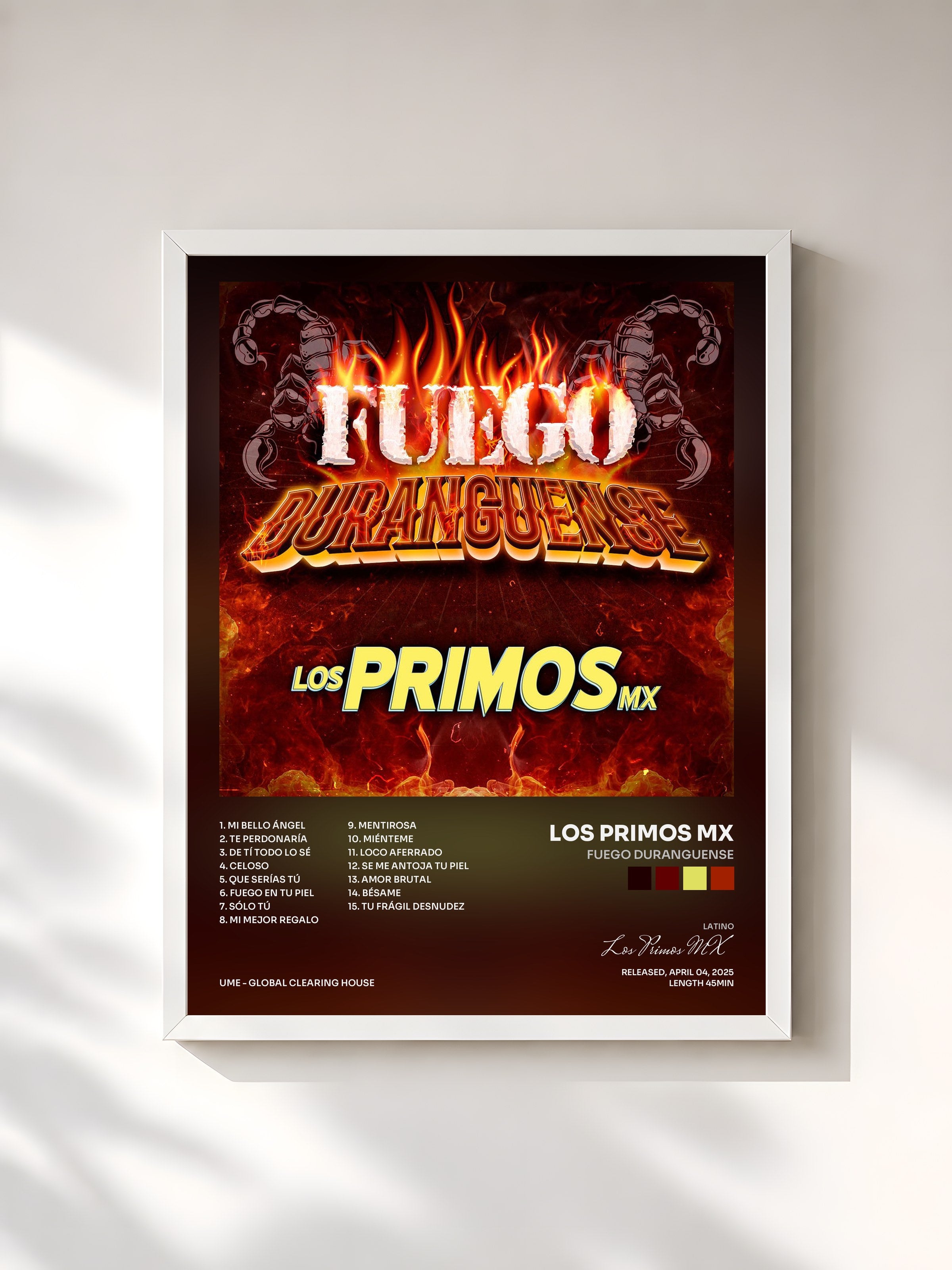 #blanc Tableau de l'album Fuego Duranguense de Los Primos MX, cadre blanc, imprimé et encadré en France