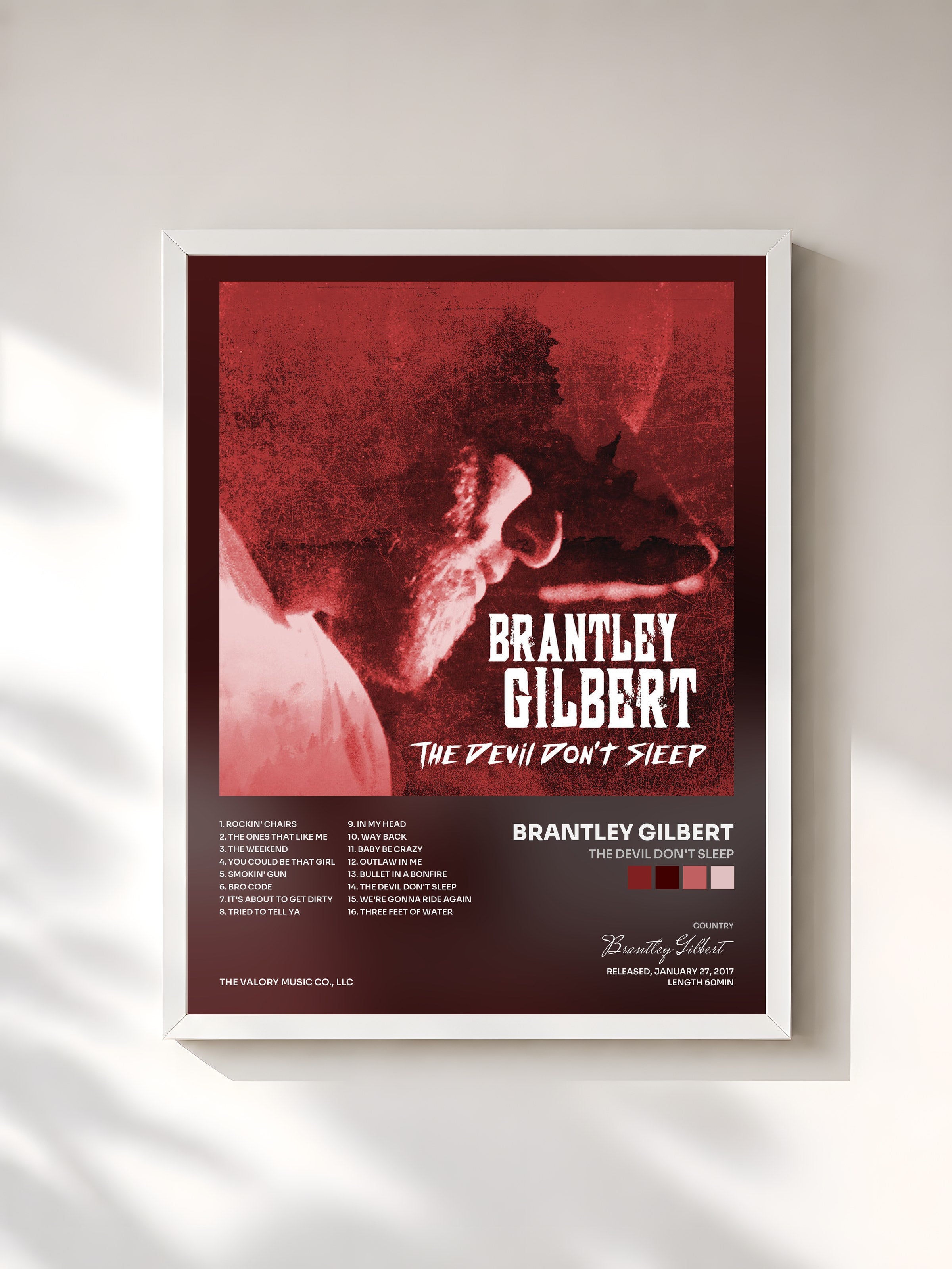 #blanc Tableau de l'album The Devil Don't Sleep de Brantley Gilbert, cadre blanc, imprimé et encadré en France