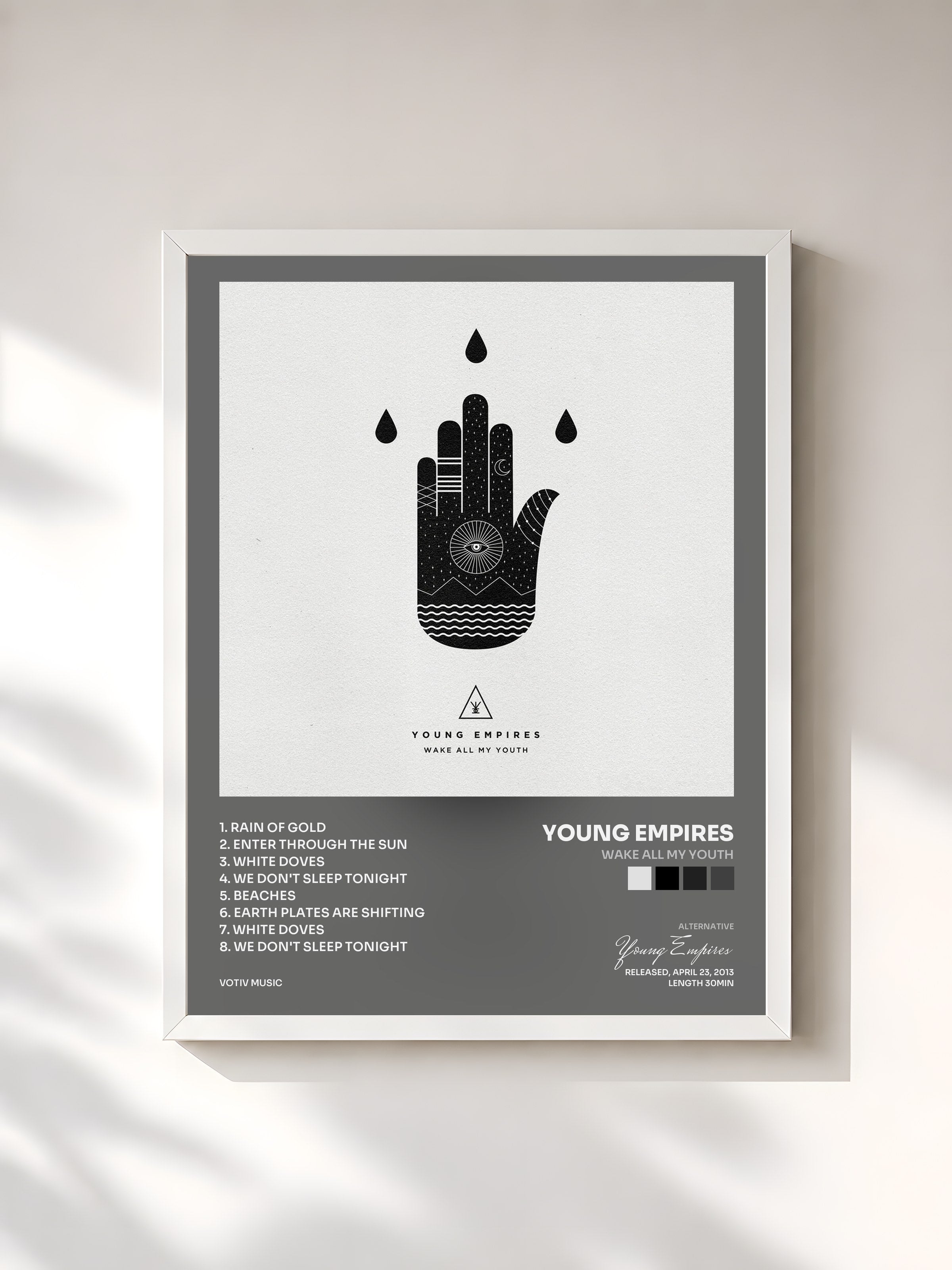 #blanc Tableau de l'album Wake All My Youth de Young Empires, cadre blanc, imprimé et encadré en France