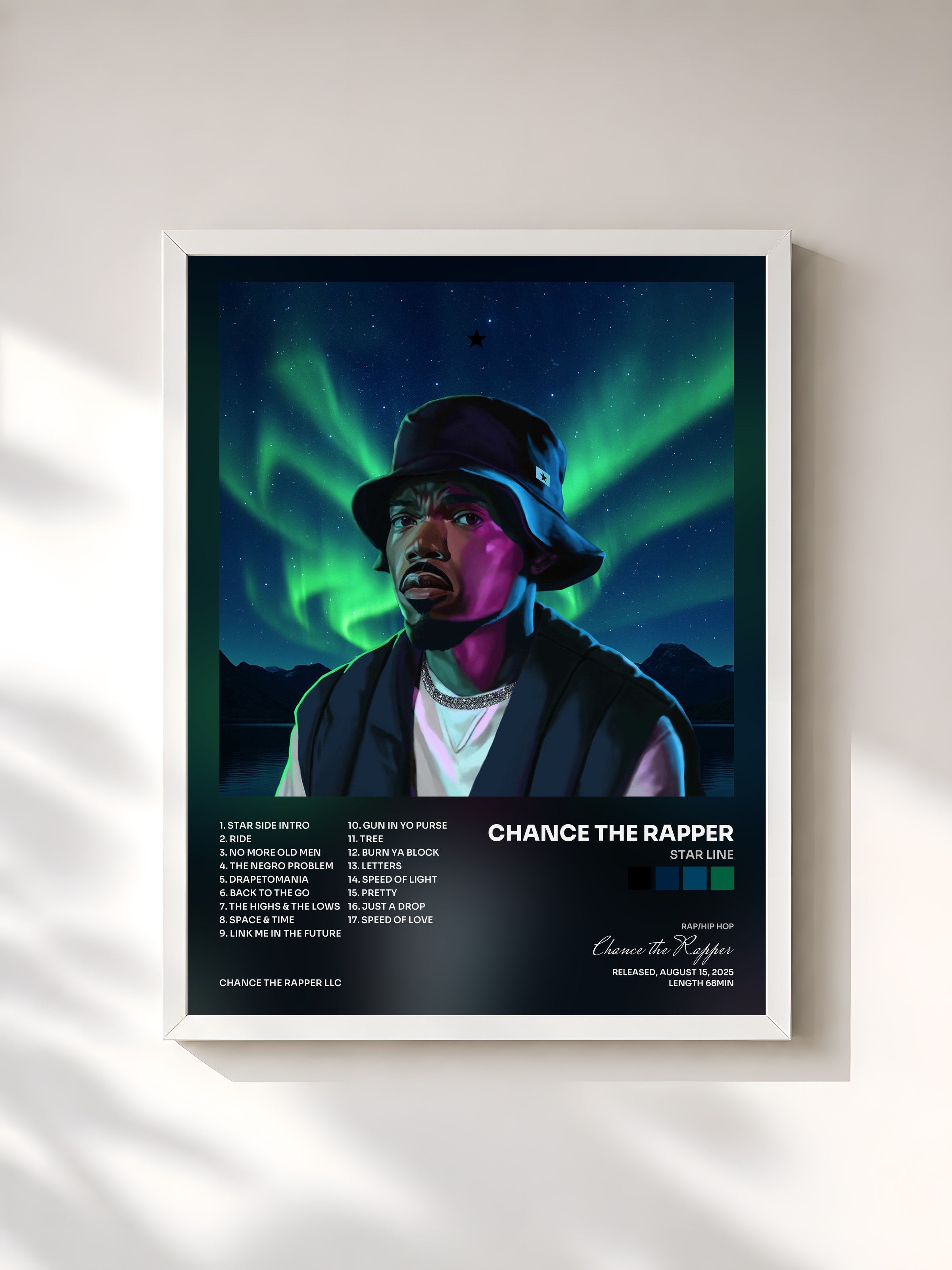 #blanc Tableau de l'album STAR LINE de Chance the Rapper, cadre blanc, imprimé et encadré en France