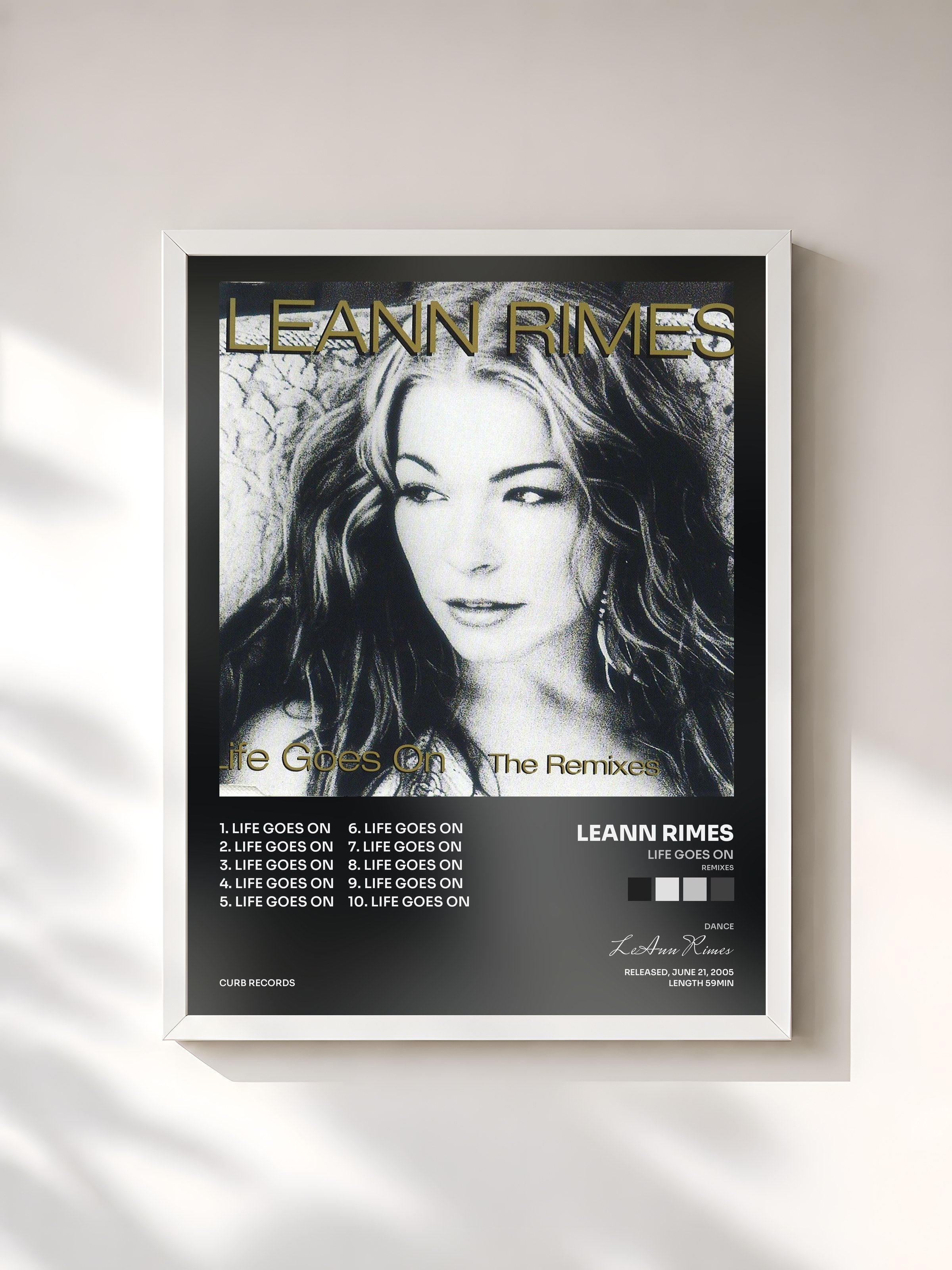 #blanc Tableau de l'album Life Goes On (Remixes) de LeAnn Rimes, cadre blanc, imprimé et encadré en France
