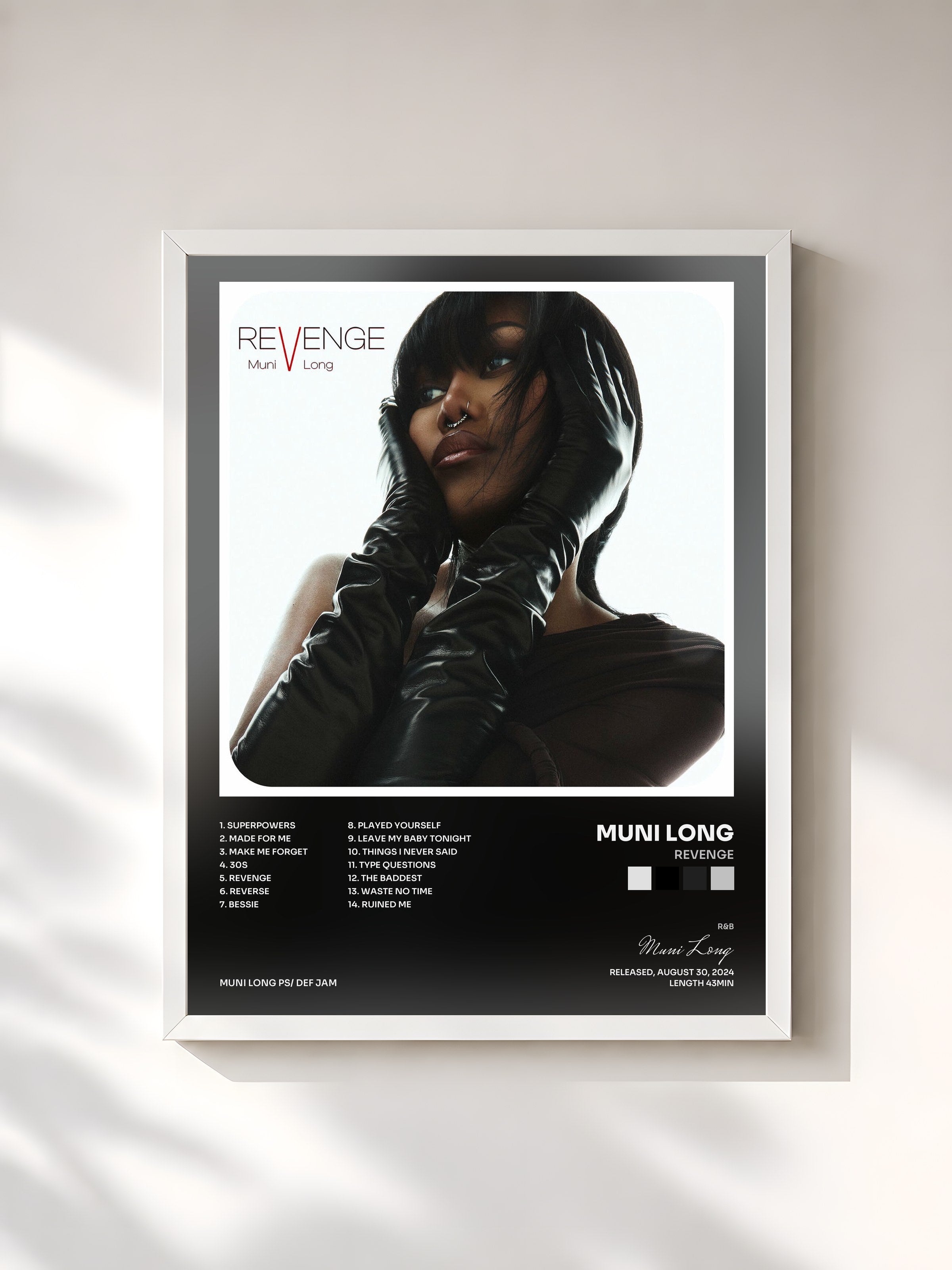 #blanc Tableau de l'album Revenge de Muni Long, cadre blanc, imprimé et encadré en France