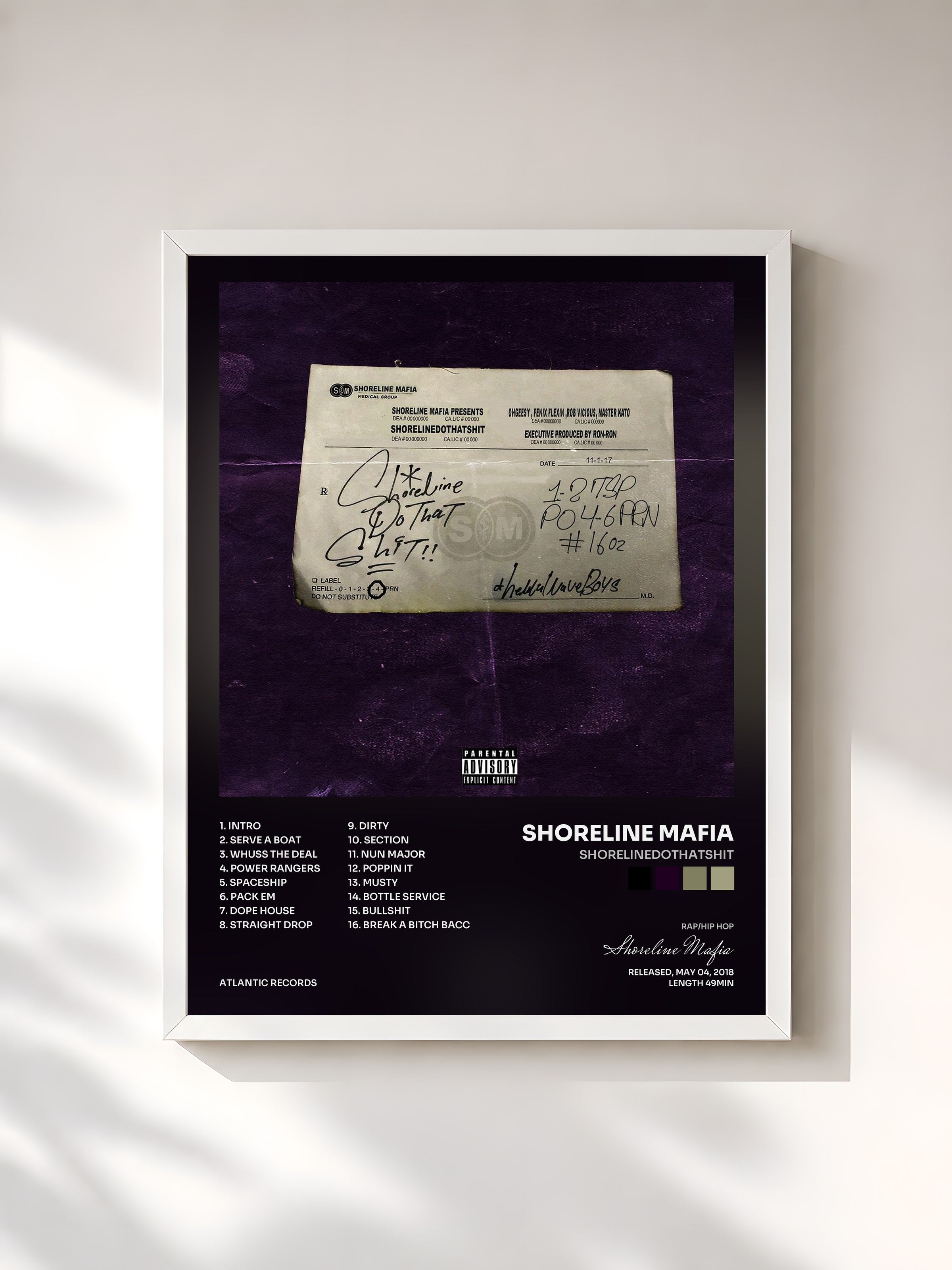 #blanc Tableau de l'album ShorelineDoThatShit de Shoreline Mafia, cadre blanc, imprimé et encadré en France