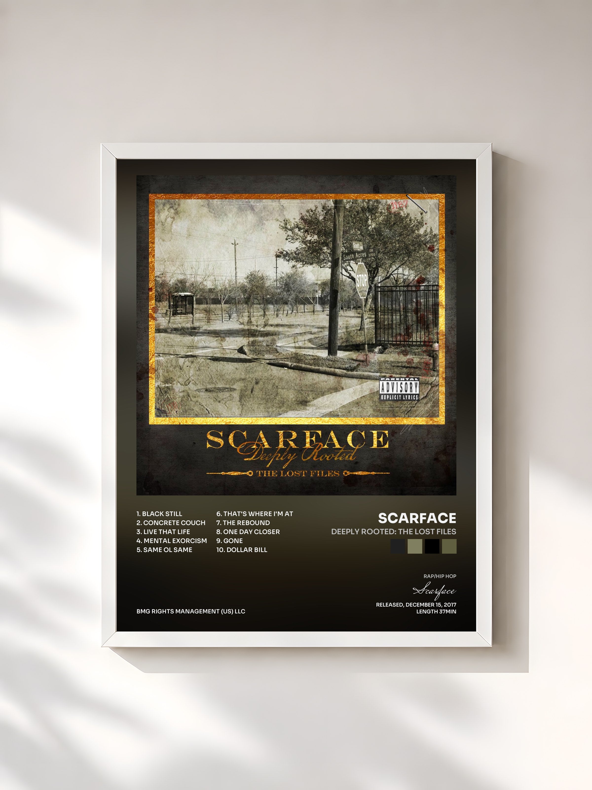 #blanc Tableau de l'album Deeply Rooted: The Lost Files de Scarface, cadre blanc, imprimé et encadré en France