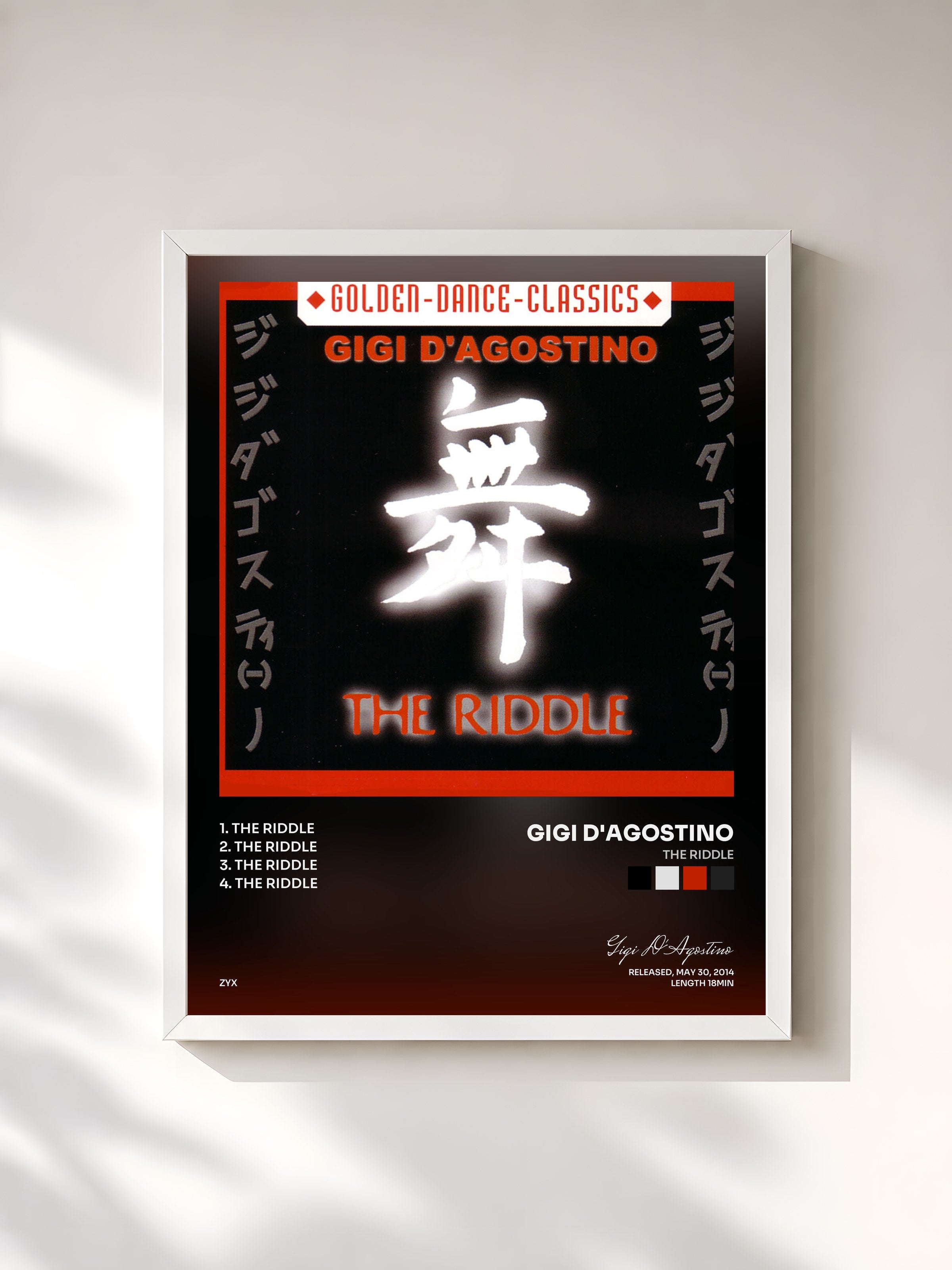 #blanc Tableau de l'album The Riddle de Gigi D'Agostino, cadre blanc, imprimé et encadré en France