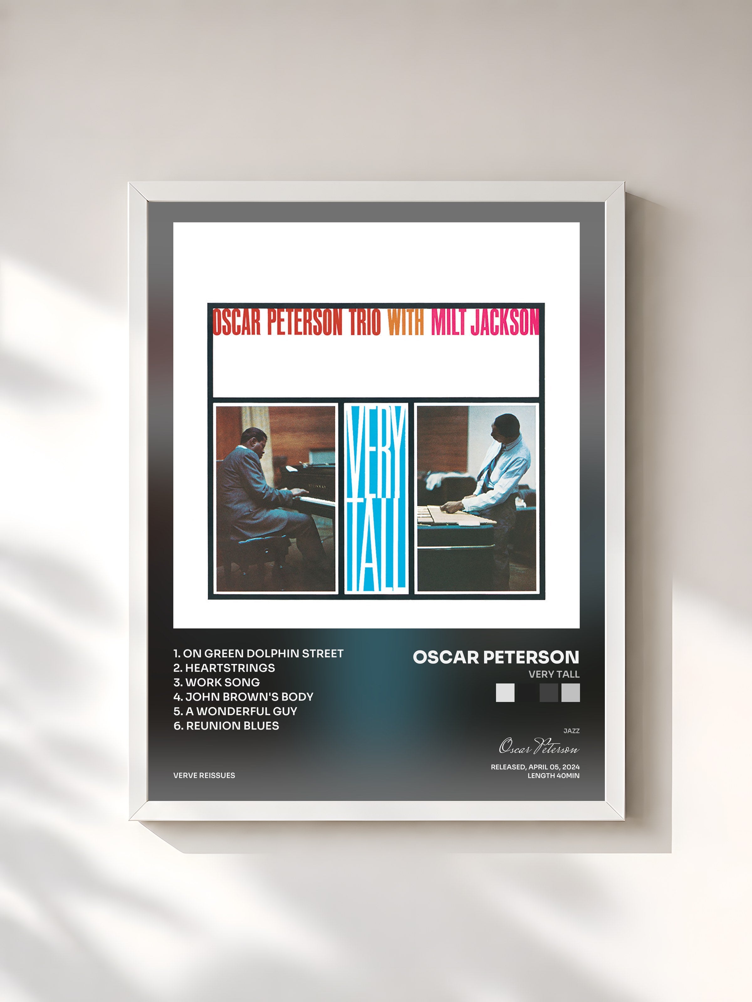 #blanc Tableau de l'album Very Tall de Oscar Peterson, cadre blanc, imprimé et encadré en France