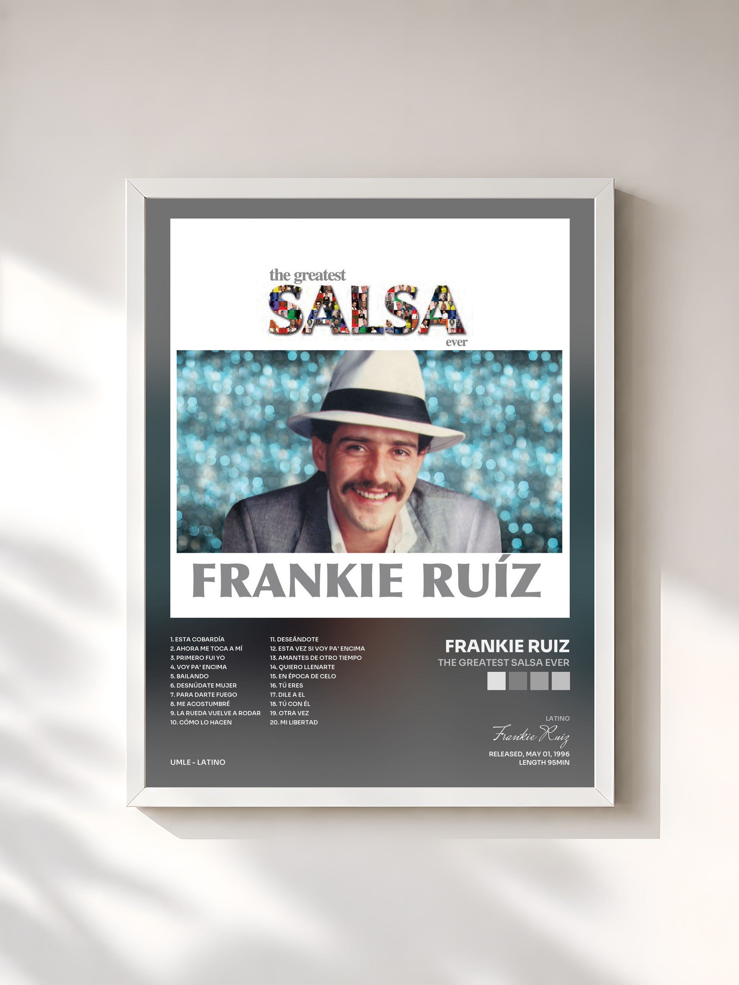 #blanc Tableau de l'album The Greatest Salsa Ever de Frankie Ruiz, cadre blanc, imprimé et encadré en France