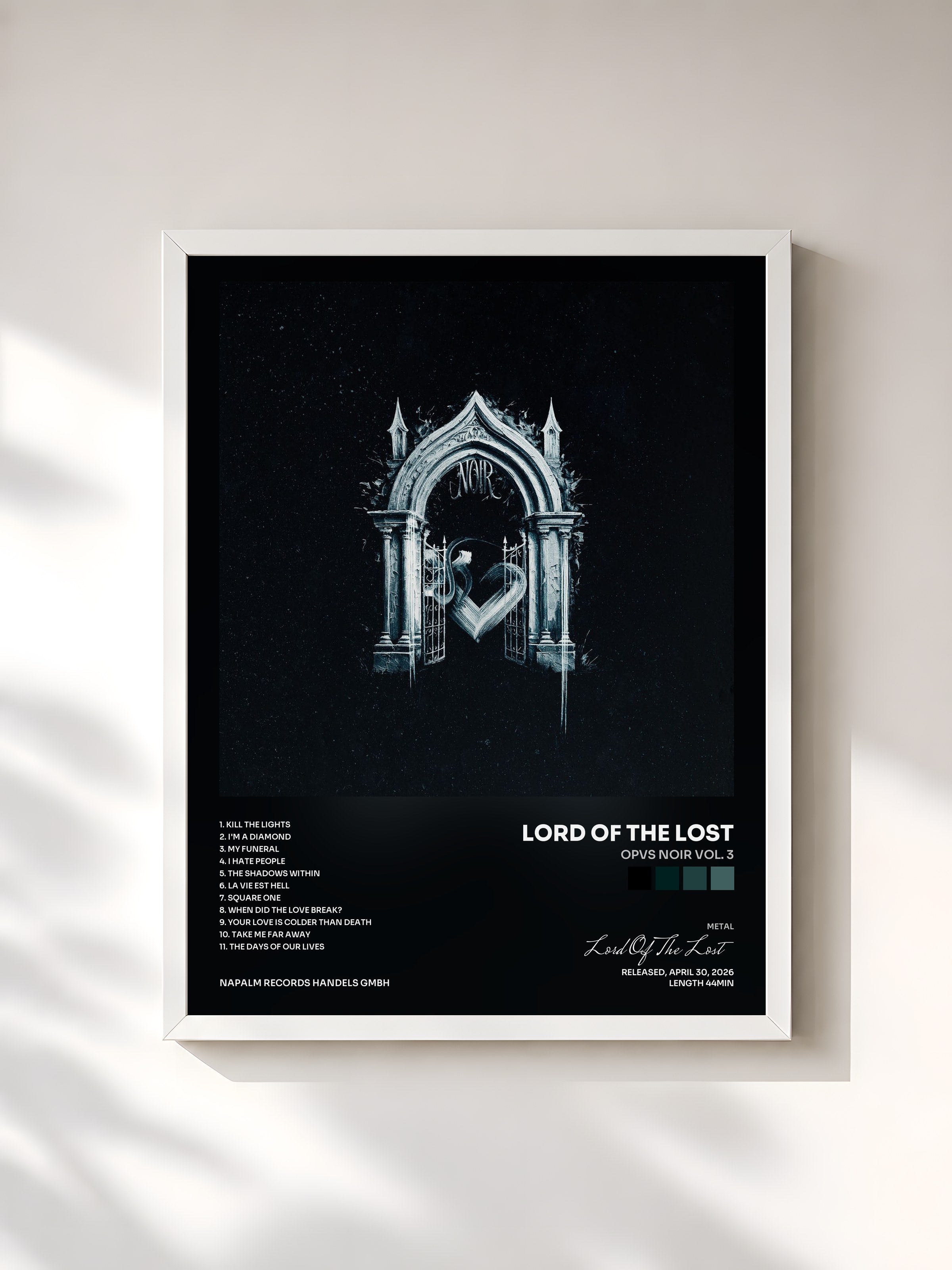 #blanc Tableau de l'album OPVS NOIR Vol. 3 de Lord Of The Lost, cadre blanc, imprimé et encadré en France