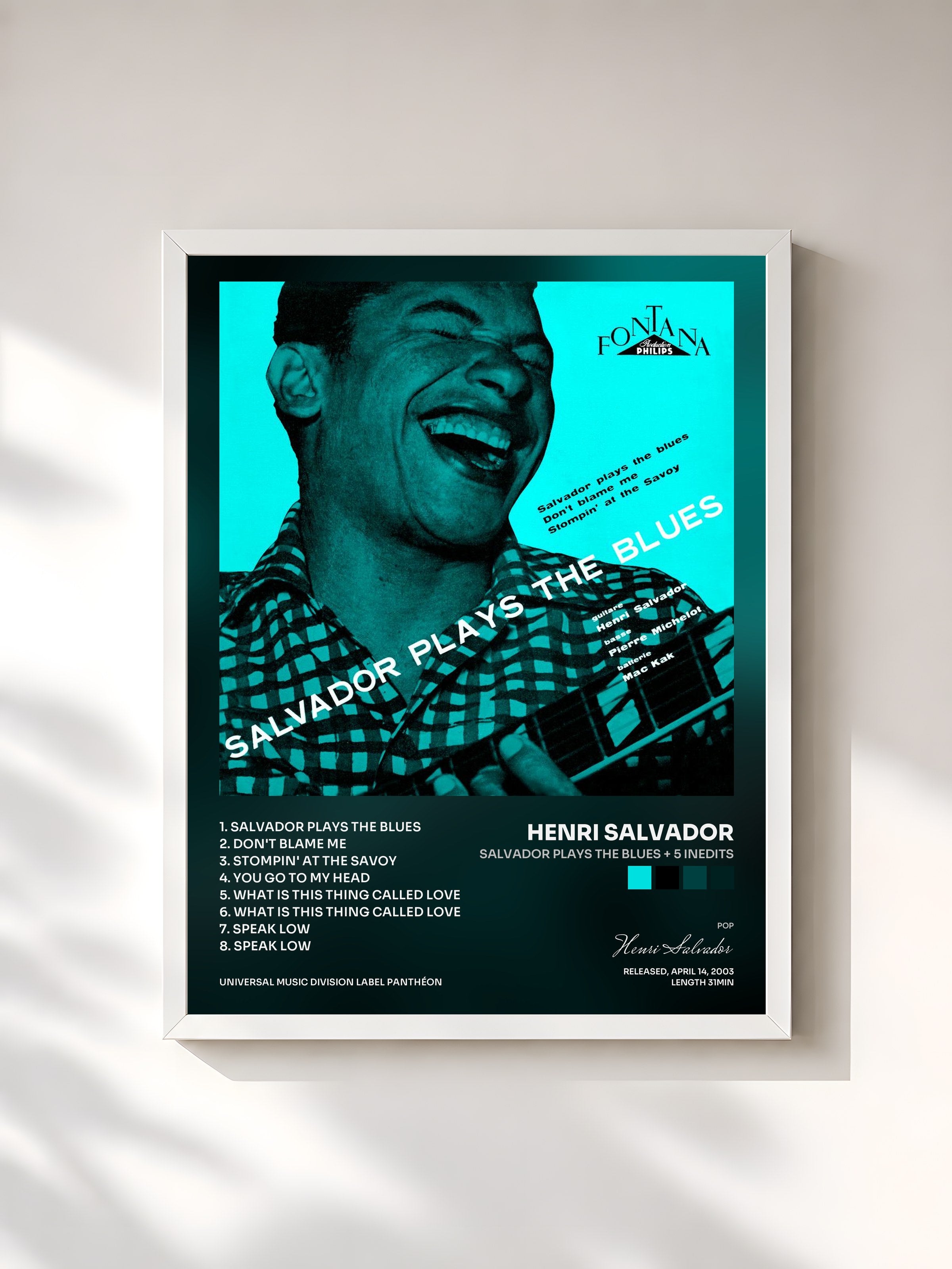 #blanc Tableau de l'album Salvador Plays The Blues + 5 Inedits de Henri Salvador, cadre blanc, imprimé et encadré en France