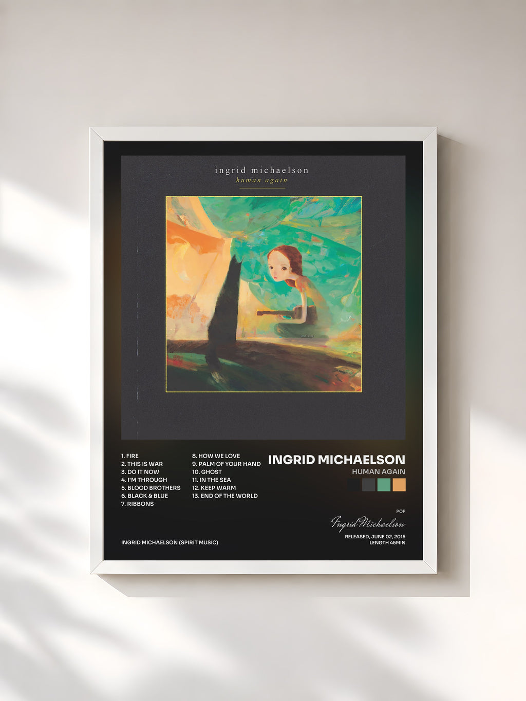 #blanc Human Again by Ingrid Michaelson as a framed art print, white frame, printed and framed in France