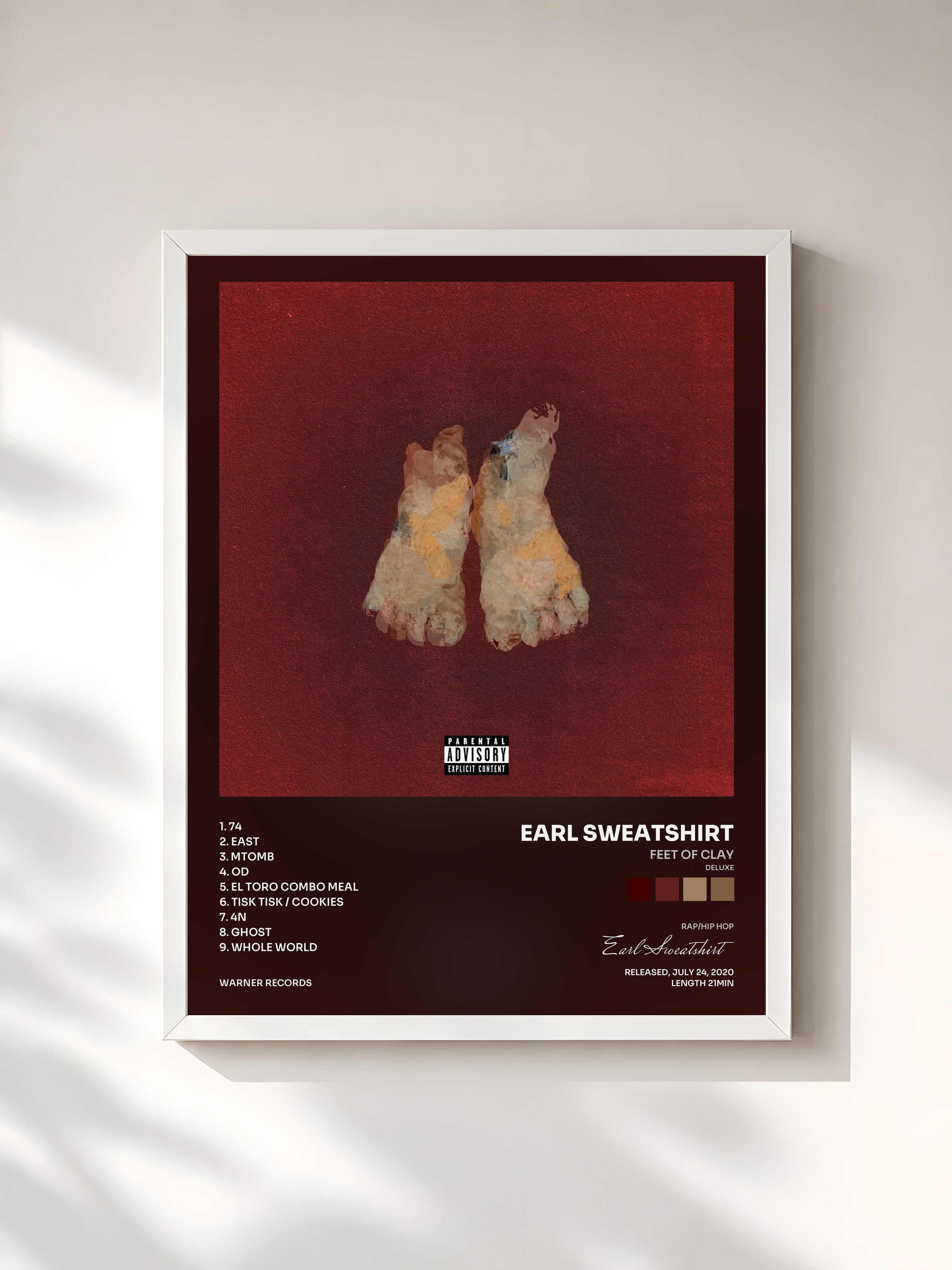 #blanc Tableau de l'album FEET OF CLAY (Deluxe) de Earl Sweatshirt, cadre blanc, imprimé et encadré en France