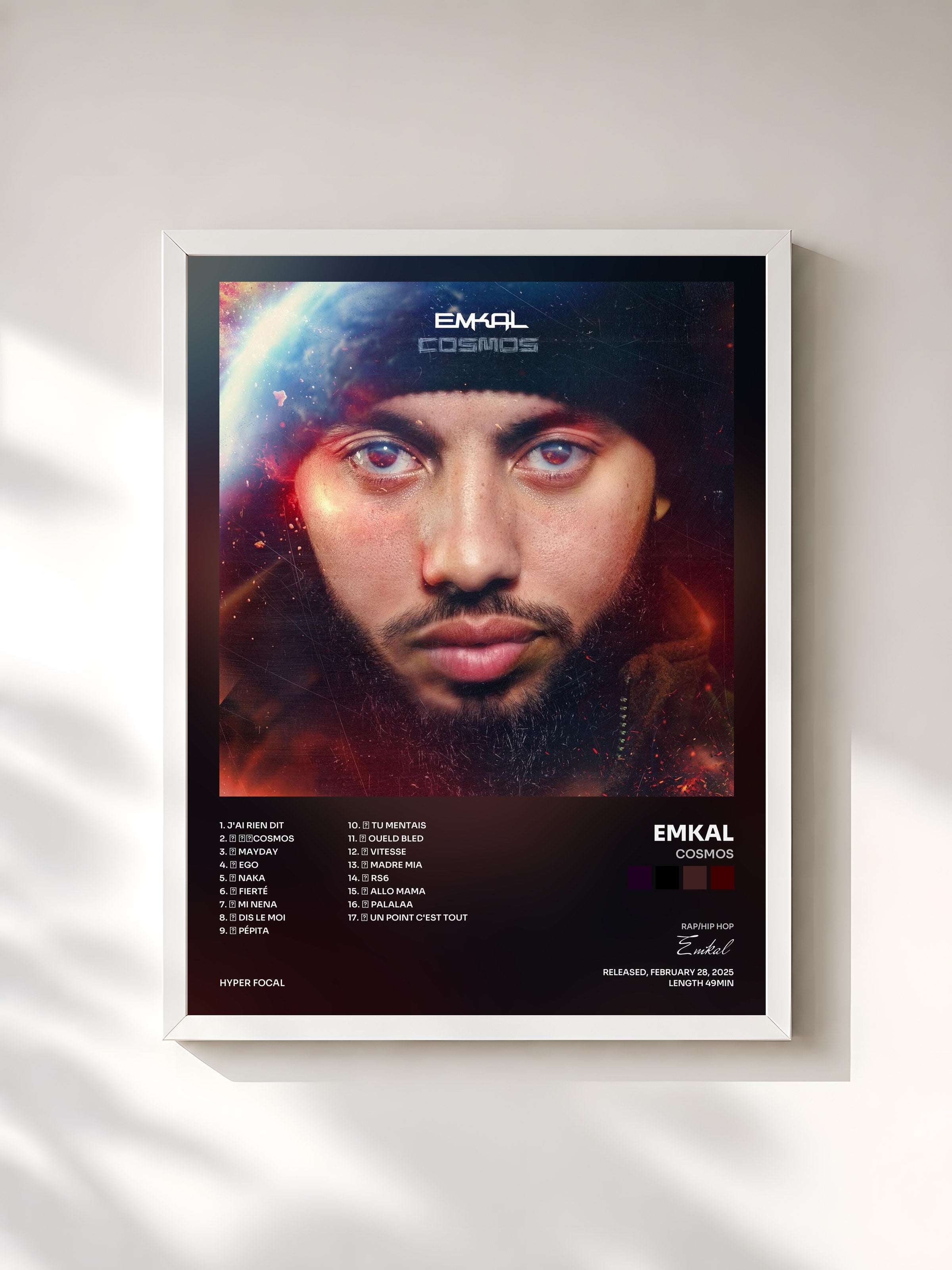 #blanc Tableau de l'album COSMOS de Emkal, cadre blanc, imprimé et encadré en France