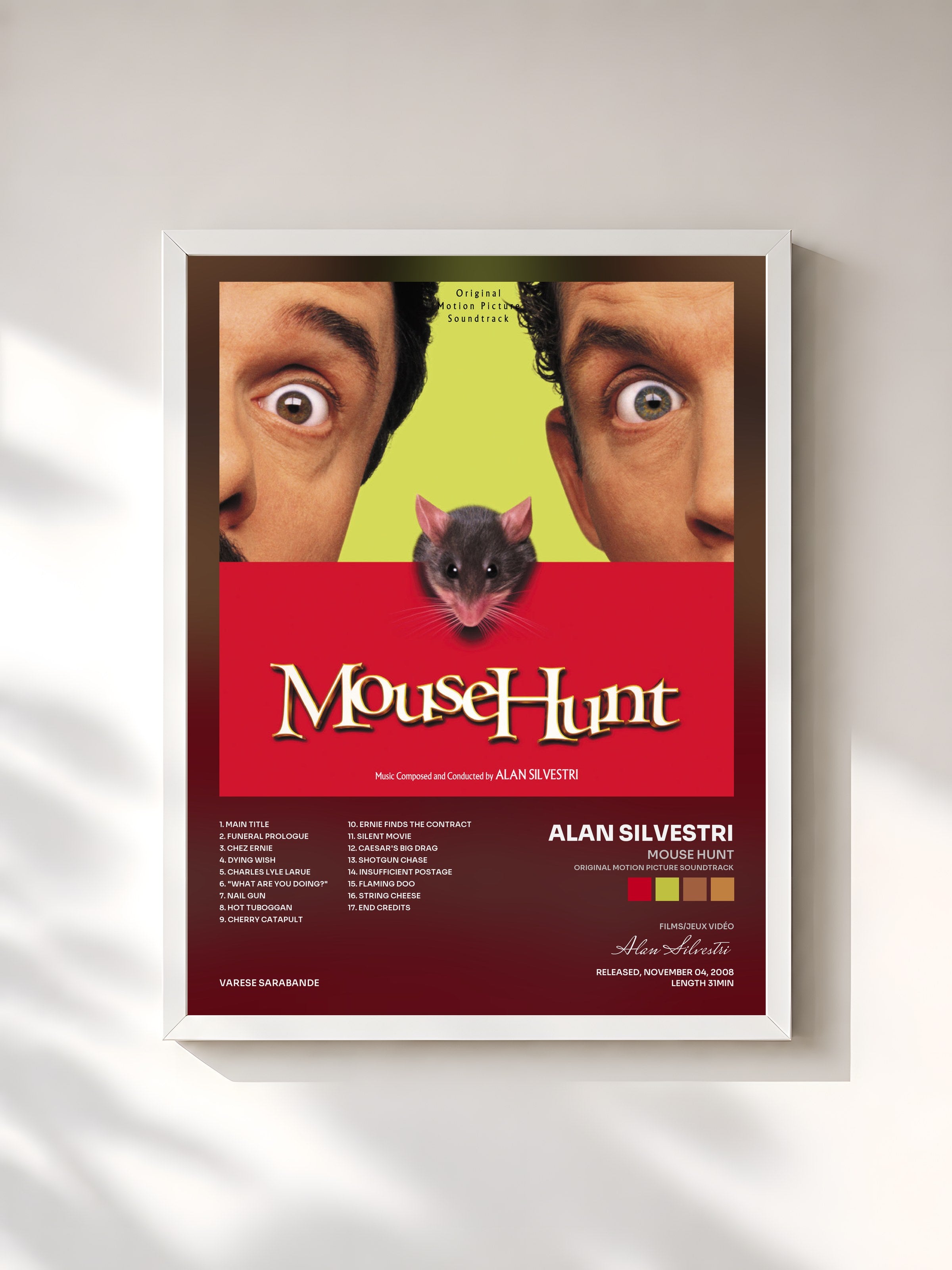 #blanc Tableau de l'album Mouse Hunt (Original Motion Picture Soundtrack) de Alan Silvestri, cadre blanc, imprimé et encadré en France