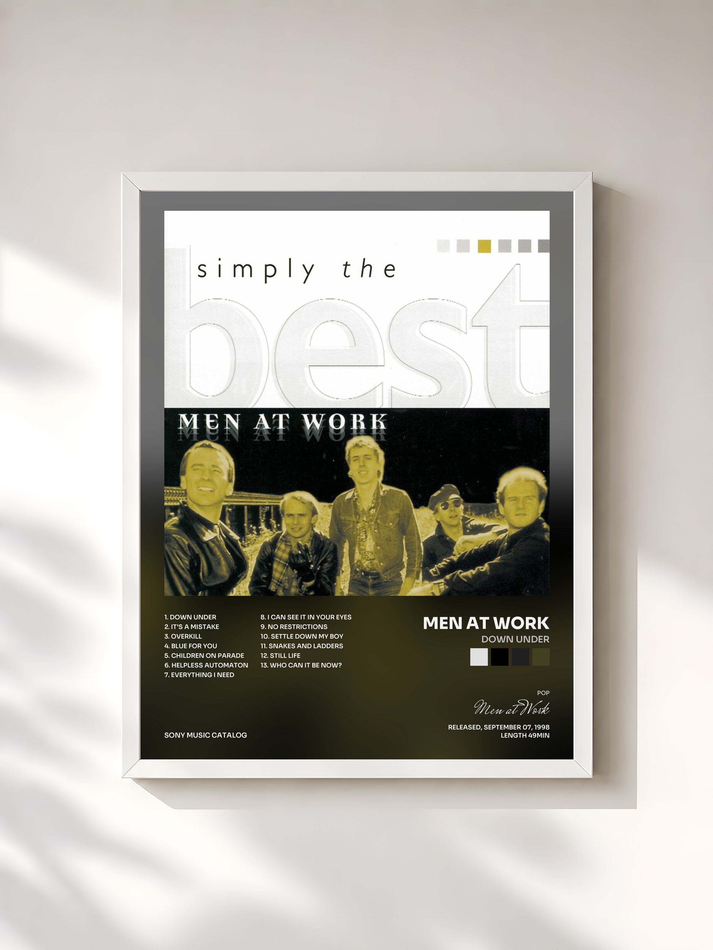 #blanc Tableau de l'album Down Under de Men at Work, cadre blanc, imprimé et encadré en France