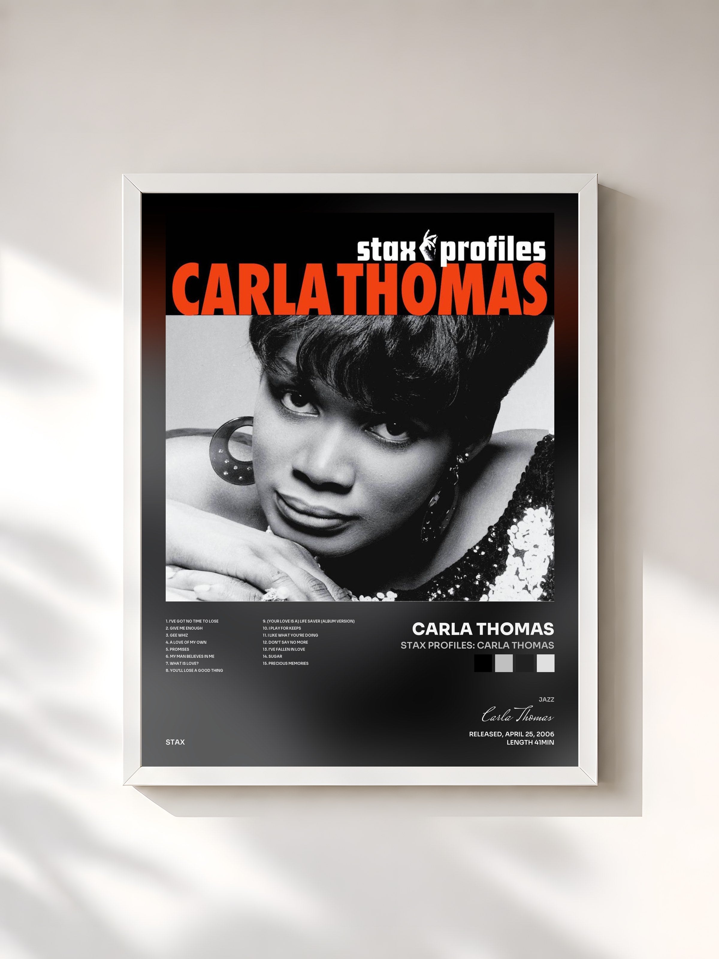 #blanc Tableau de l'album Stax Profiles: Carla Thomas de Carla Thomas, cadre blanc, imprimé et encadré en France
