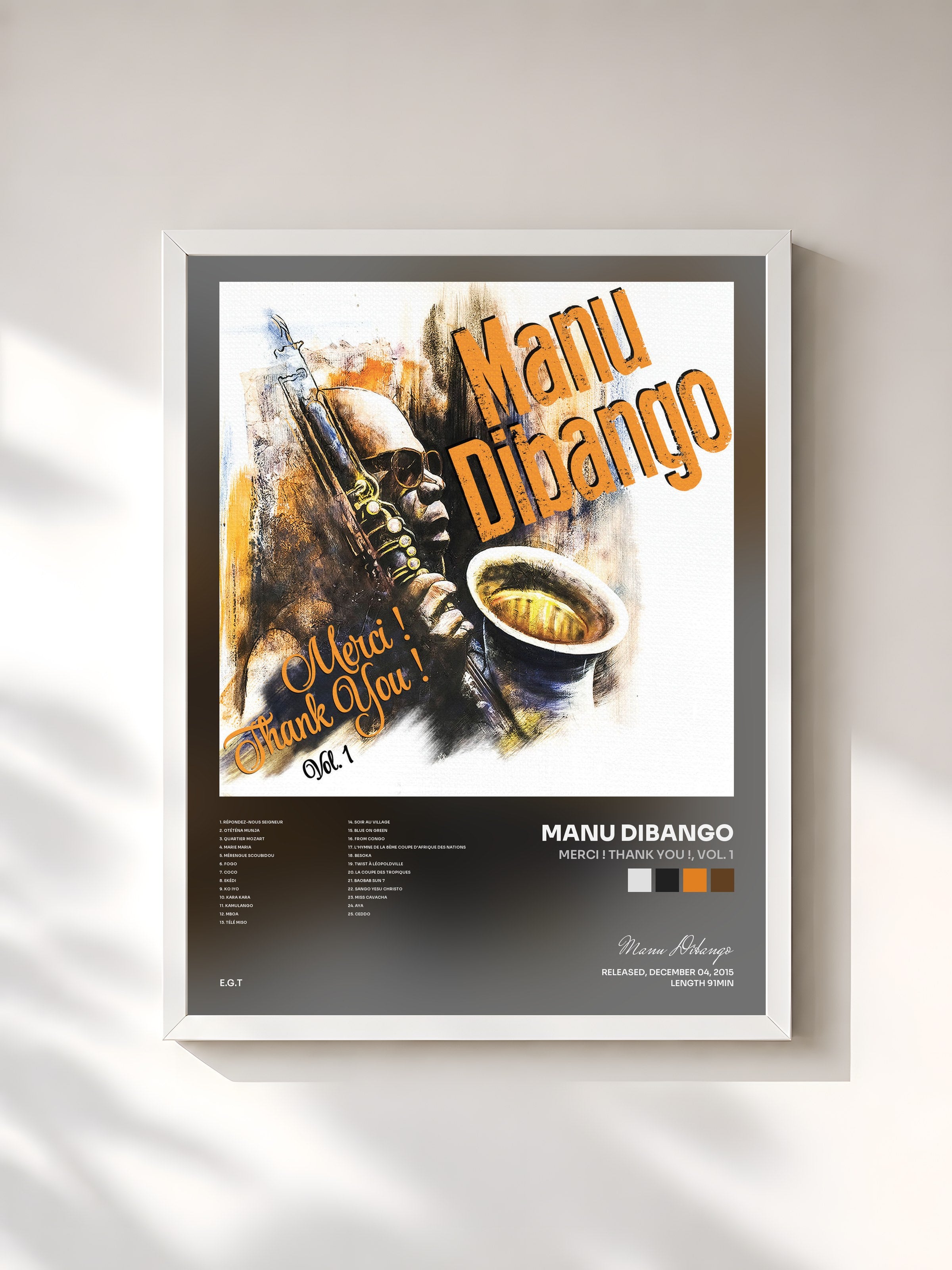 #blanc Tableau de l'album Merci ! Thank You !, Vol. 1 de Manu Dibango, cadre blanc, imprimé et encadré en France