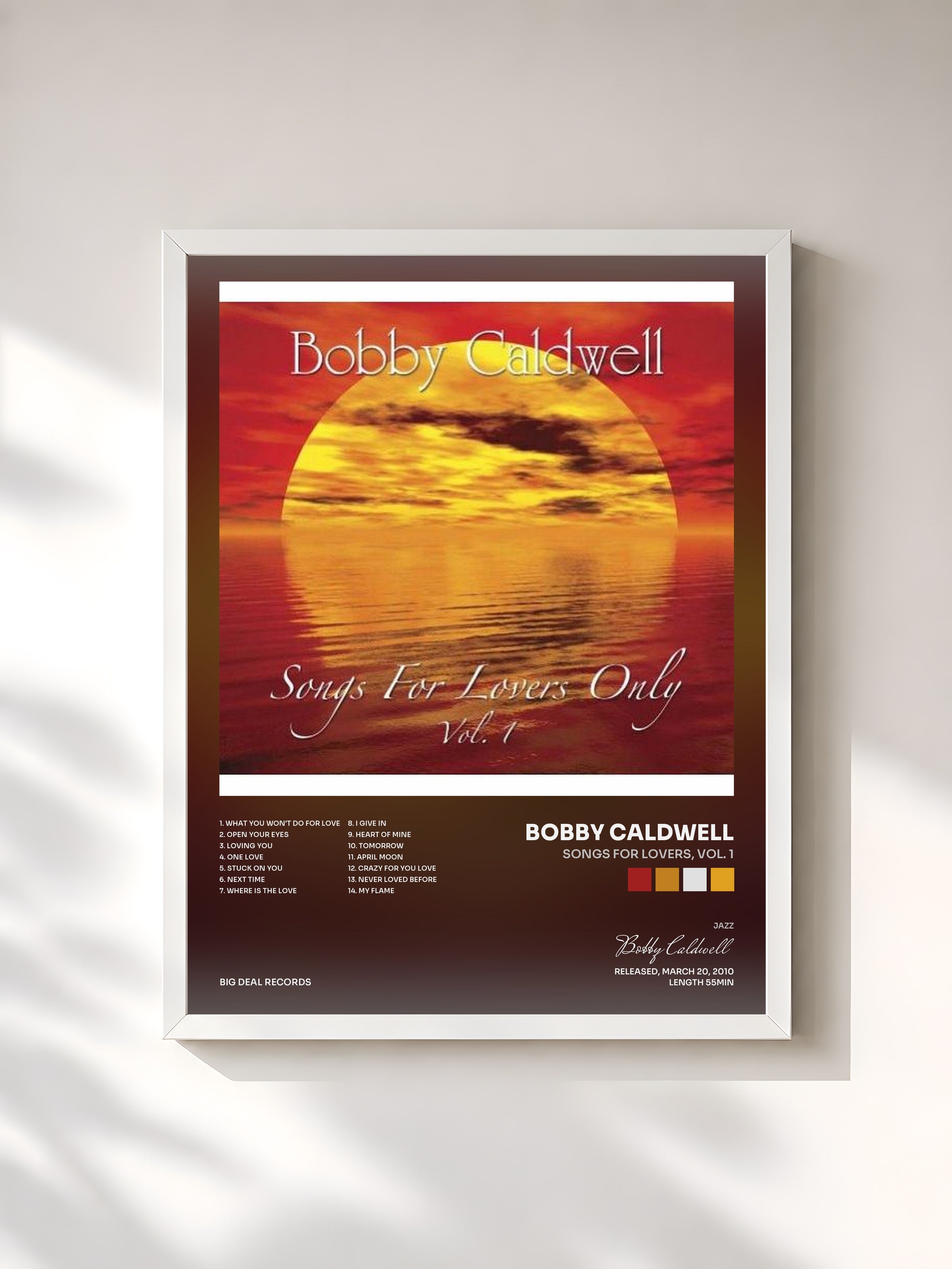 #blanc Tableau de l'album Songs for Lovers, Vol. 1 de Bobby Caldwell, cadre blanc, imprimé et encadré en France