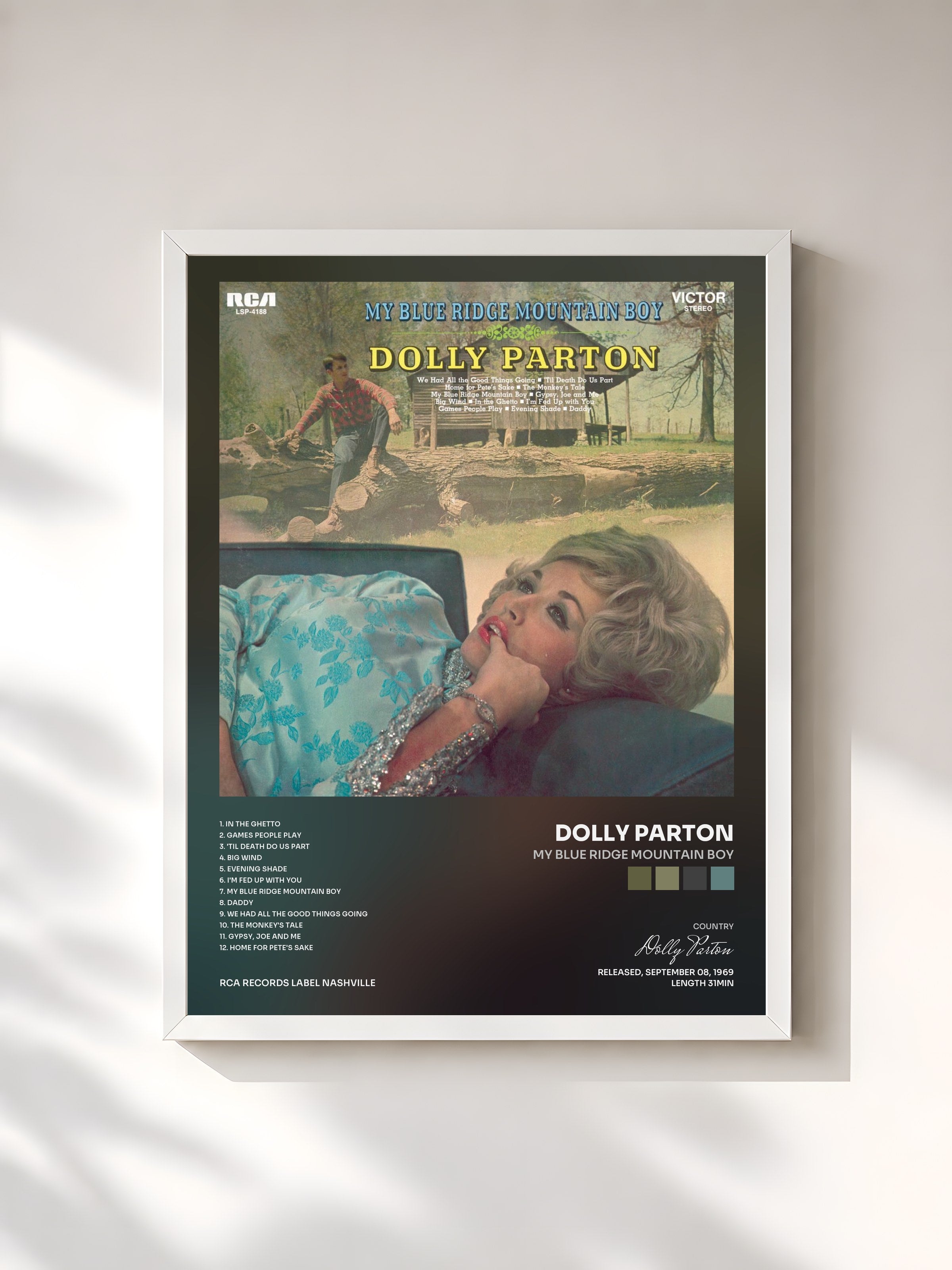 #blanc Tableau de l'album My Blue Ridge Mountain Boy de Dolly Parton, cadre blanc, imprimé et encadré en France