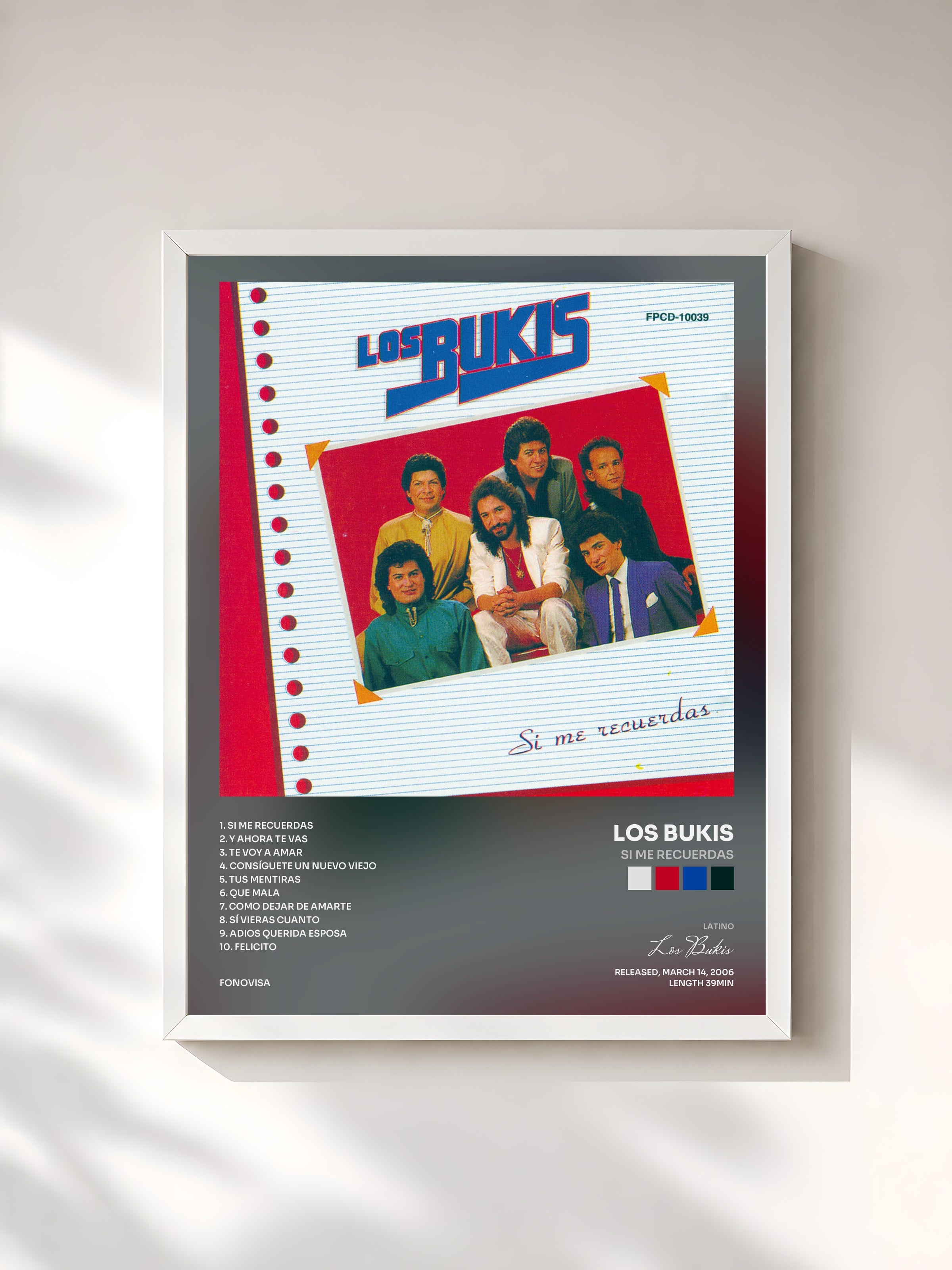 #blanc Tableau de l'album Si Me Recuerdas de Los Bukis, cadre blanc, imprimé et encadré en France