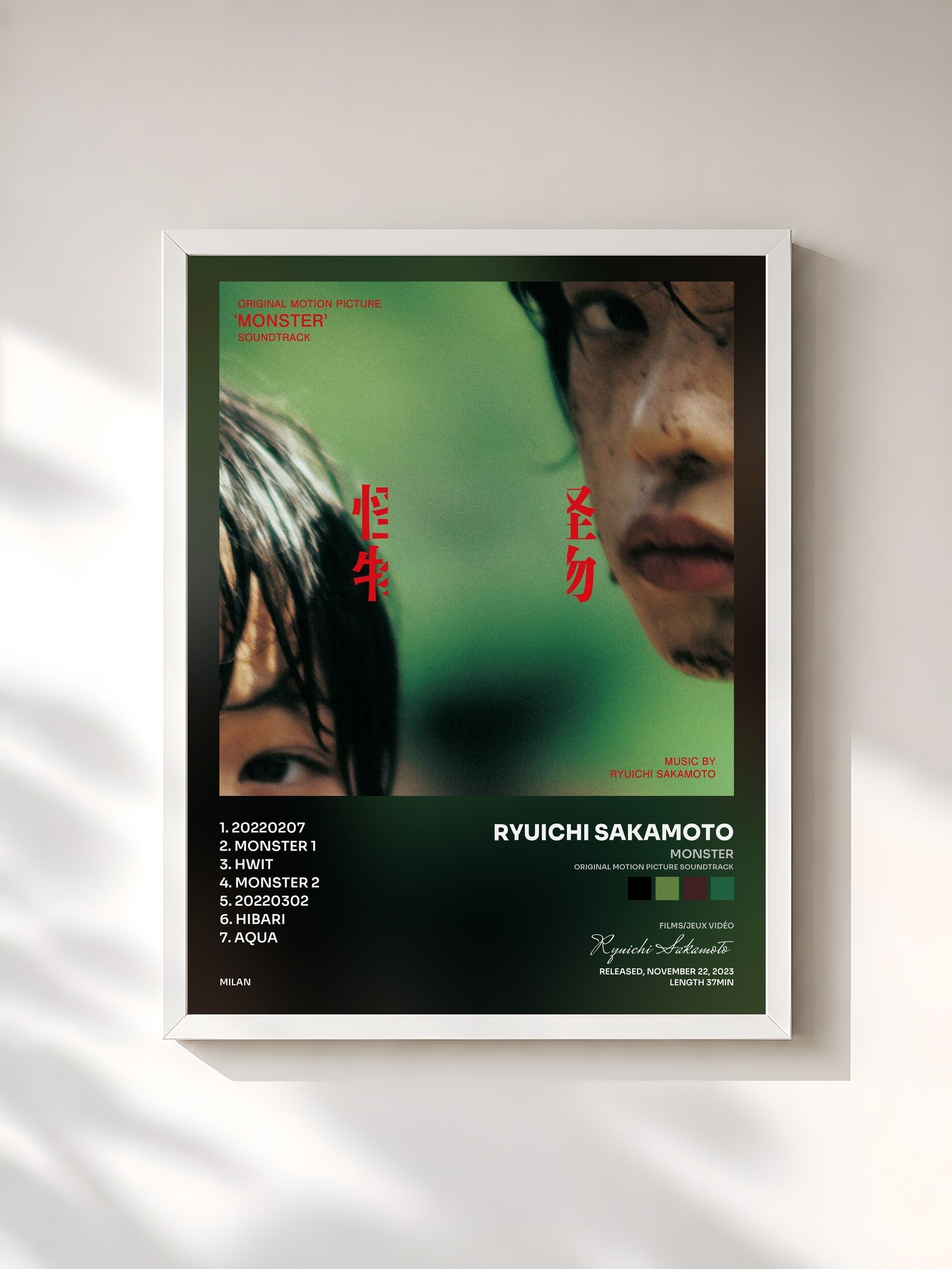 #blanc Tableau de l'album Monster (Original Motion Picture Soundtrack) de Ryuichi Sakamoto, cadre blanc, imprimé et encadré en France