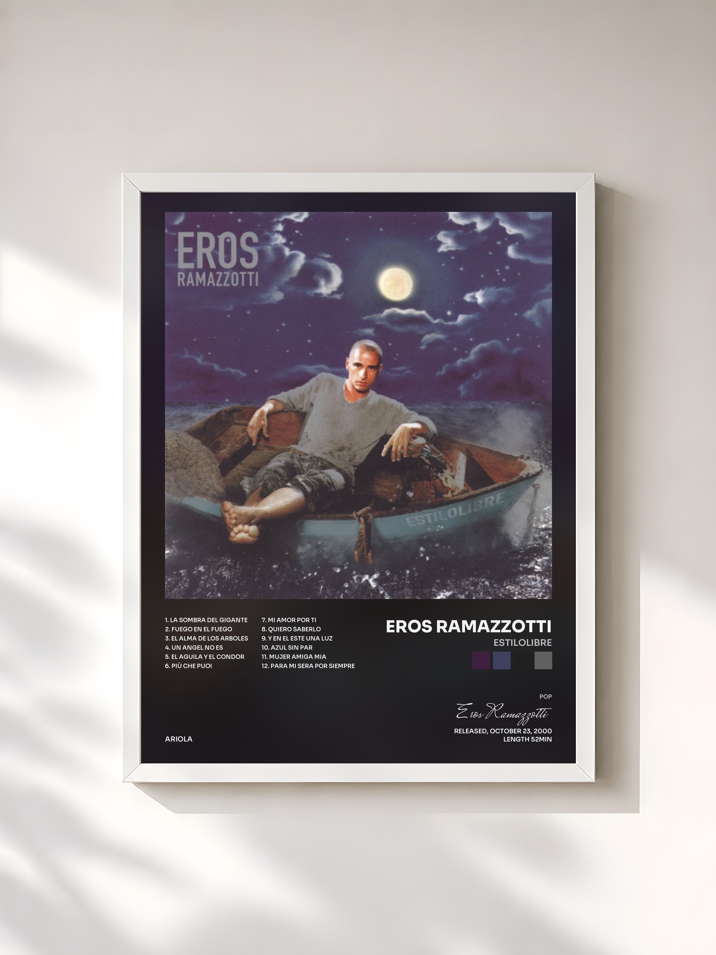 #blanc Tableau de l'album Estilolibre de Eros Ramazzotti, cadre blanc, imprimé et encadré en France