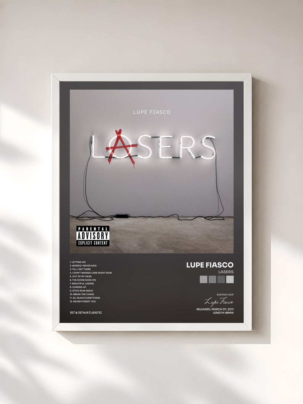 #blanc Tableau de l'album Lasers de Lupe Fiasco, cadre blanc, imprimé et encadré en France