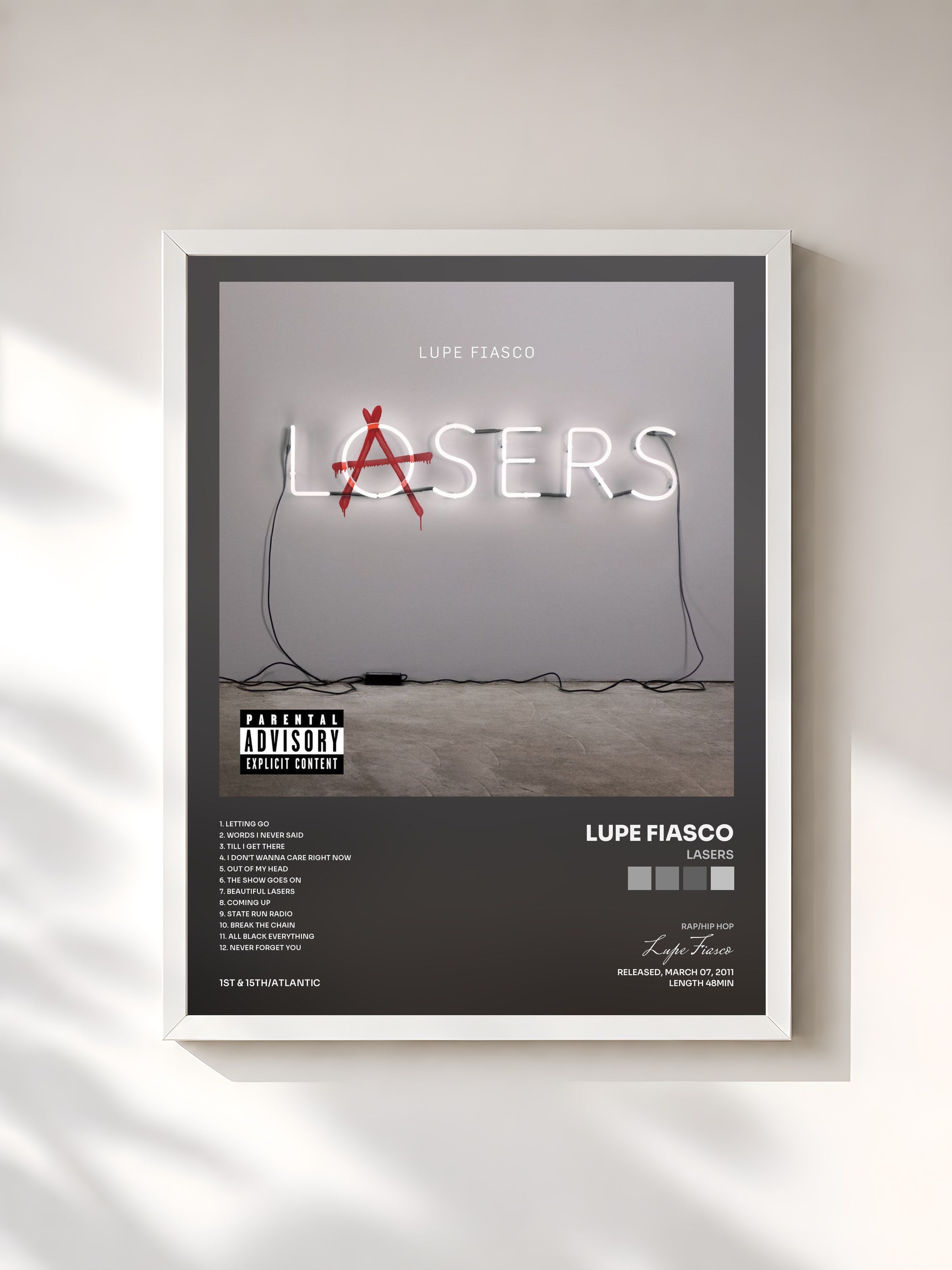 #blanc Tableau de l'album Lasers de Lupe Fiasco, cadre blanc, imprimé et encadré en France