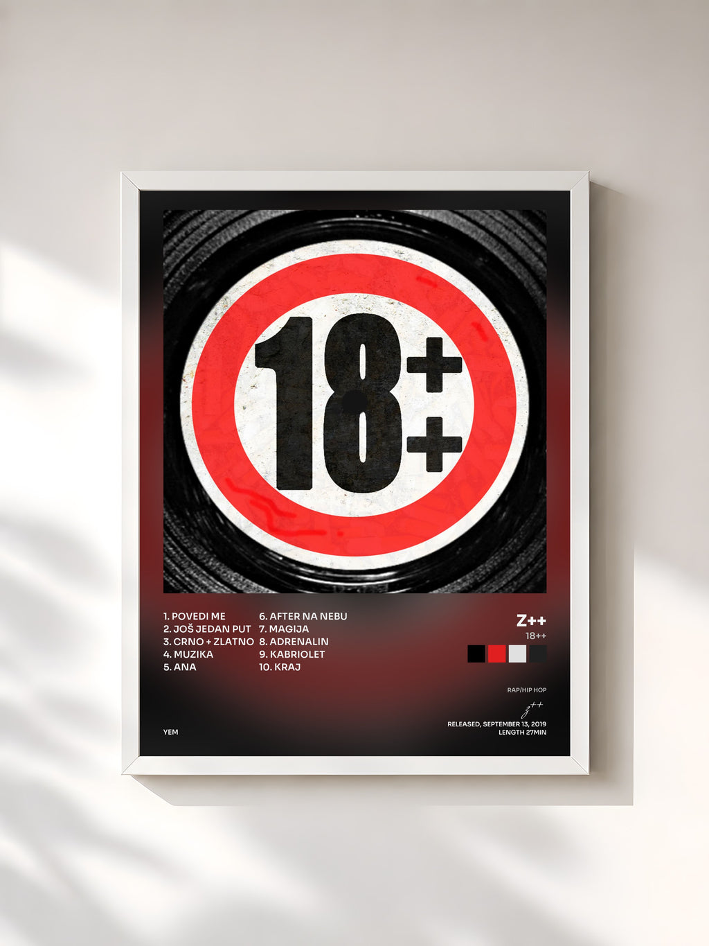 #blanc Tableau de l'album 18++ de z++, cadre blanc, imprimé et encadré en France