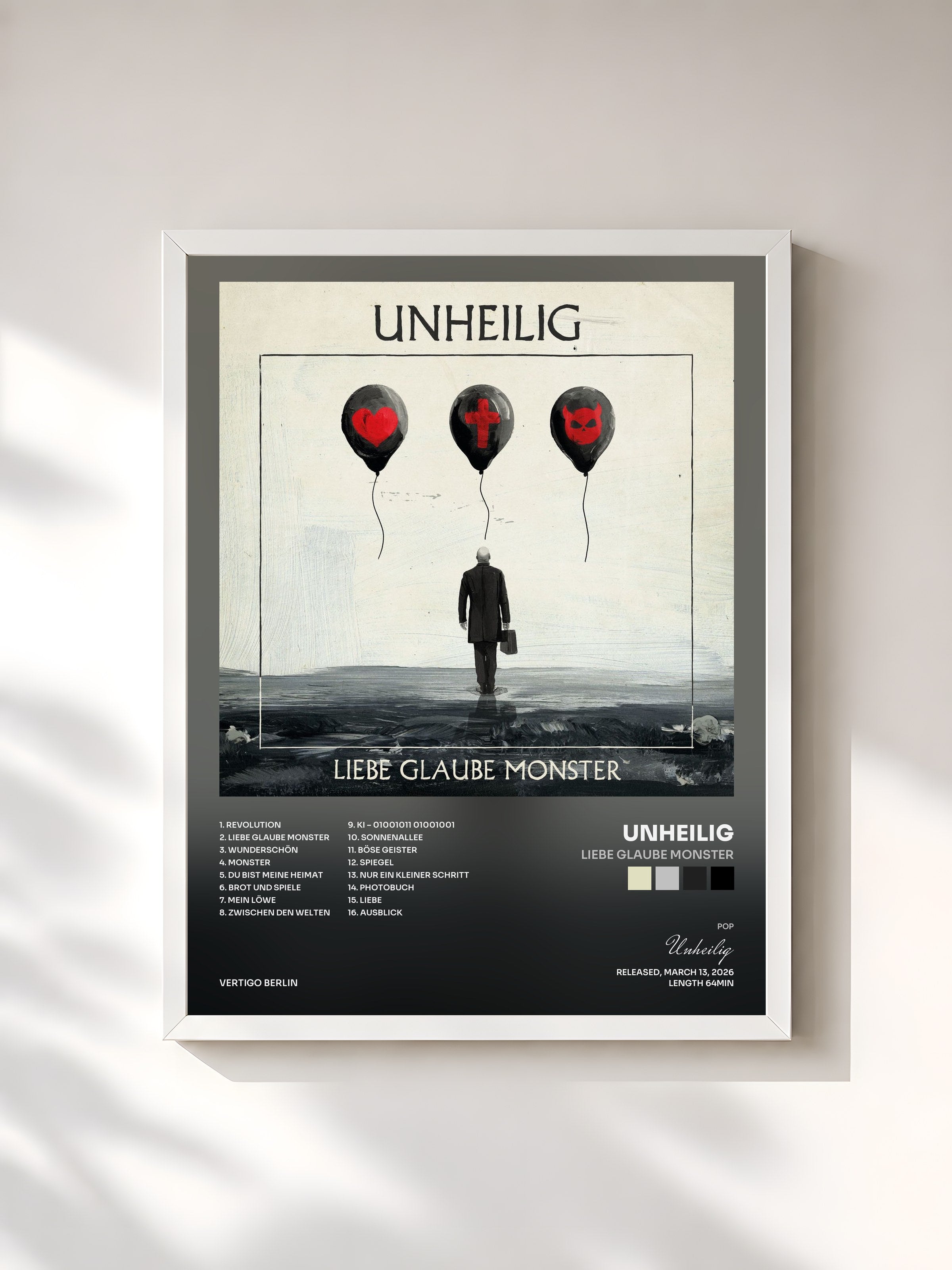 #blanc Tableau de l'album LIEBE GLAUBE MONSTER de Unheilig, cadre blanc, imprimé et encadré en France