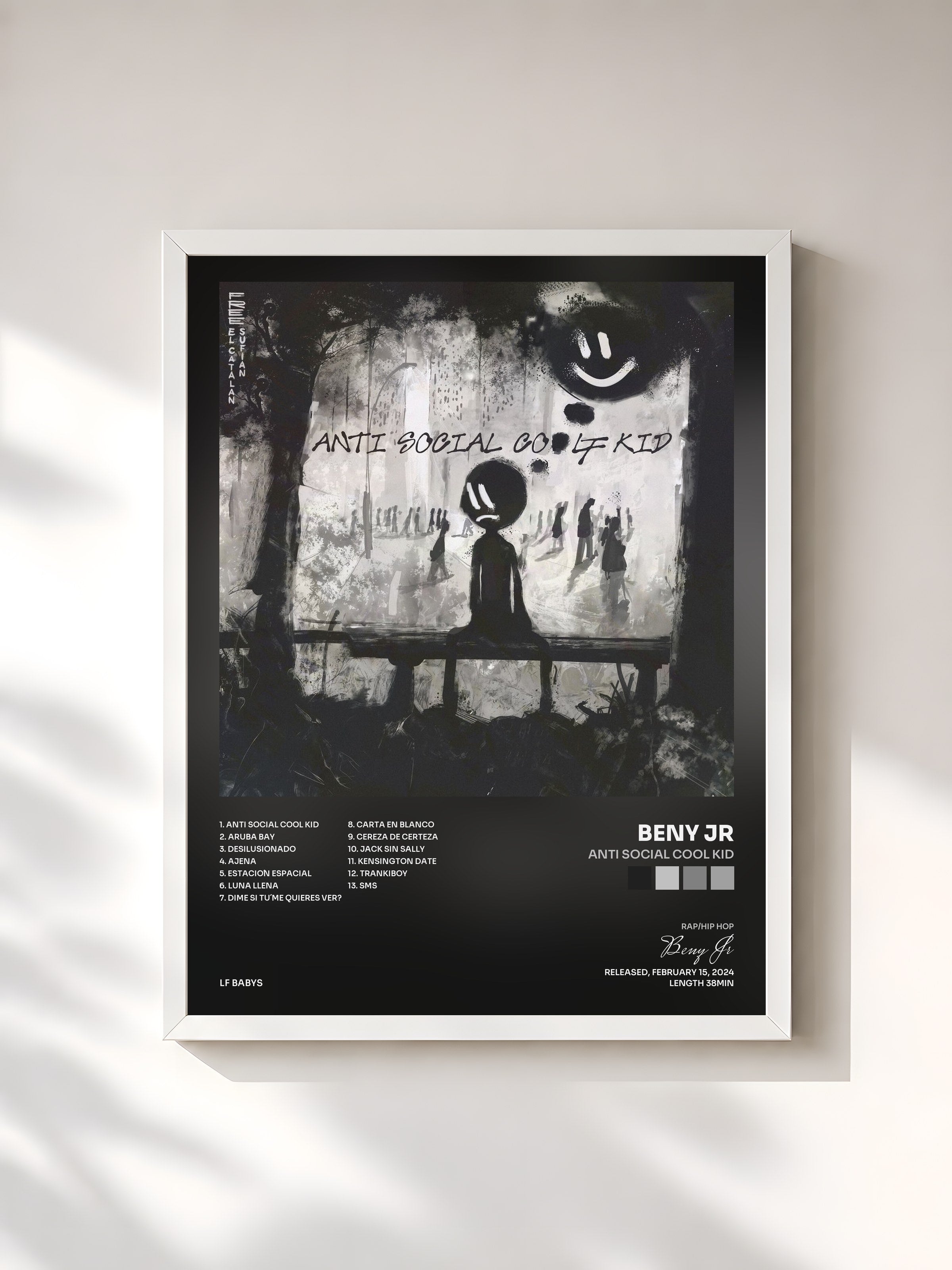 #blanc Tableau de l'album Anti Social Cool Kid de Beny Jr, cadre blanc, imprimé et encadré en France