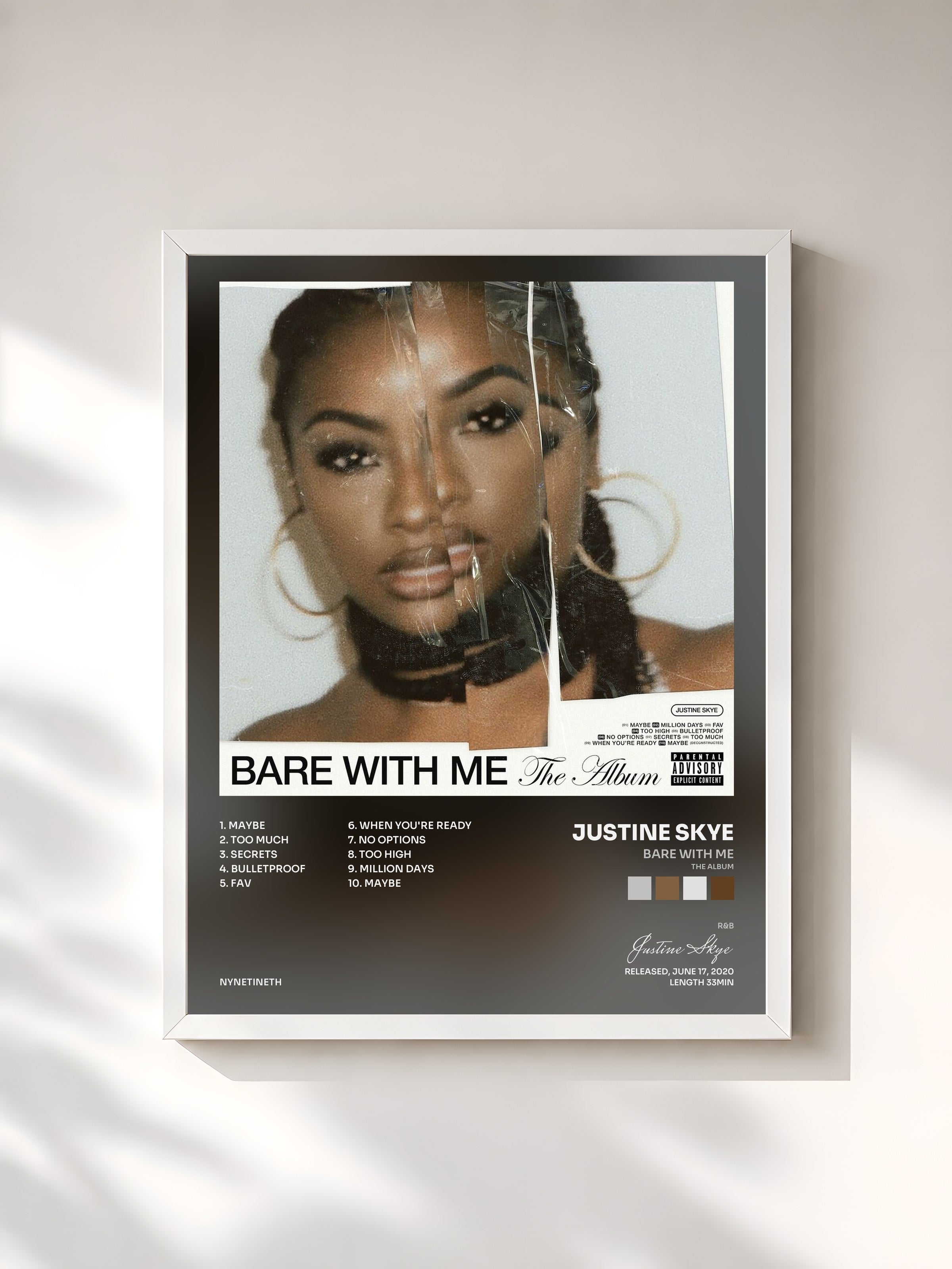 #blanc Tableau de l'album BARE WITH ME (The Album) de Justine Skye, cadre blanc, imprimé et encadré en France